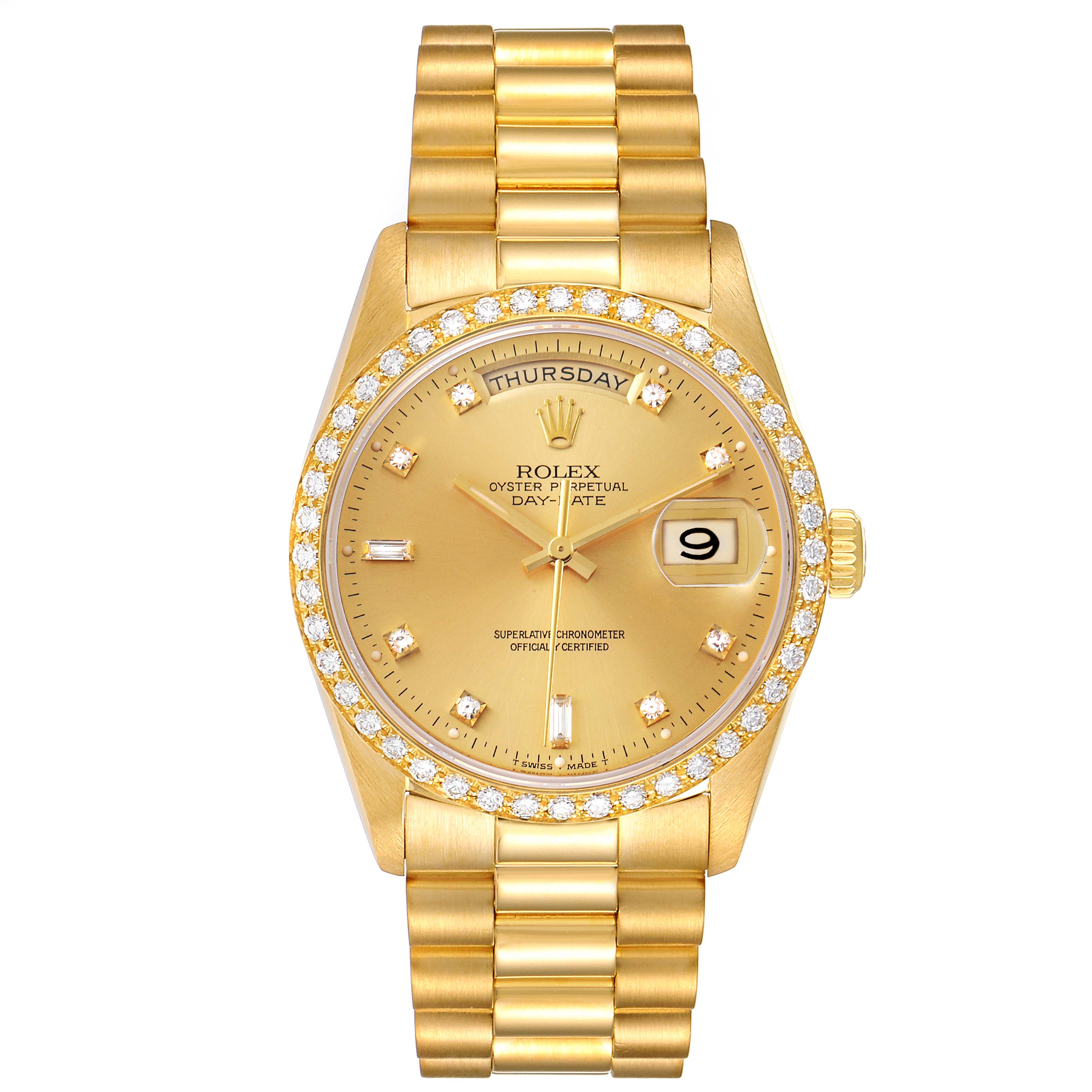 The image shows a Rolex President 18348 Men's Yellow Gold Champagne Dial 18348 Men's Yellow Gold Champagne Dial model watch from a front angle, displaying the dial, bezel, day-date windows, and bracelet.