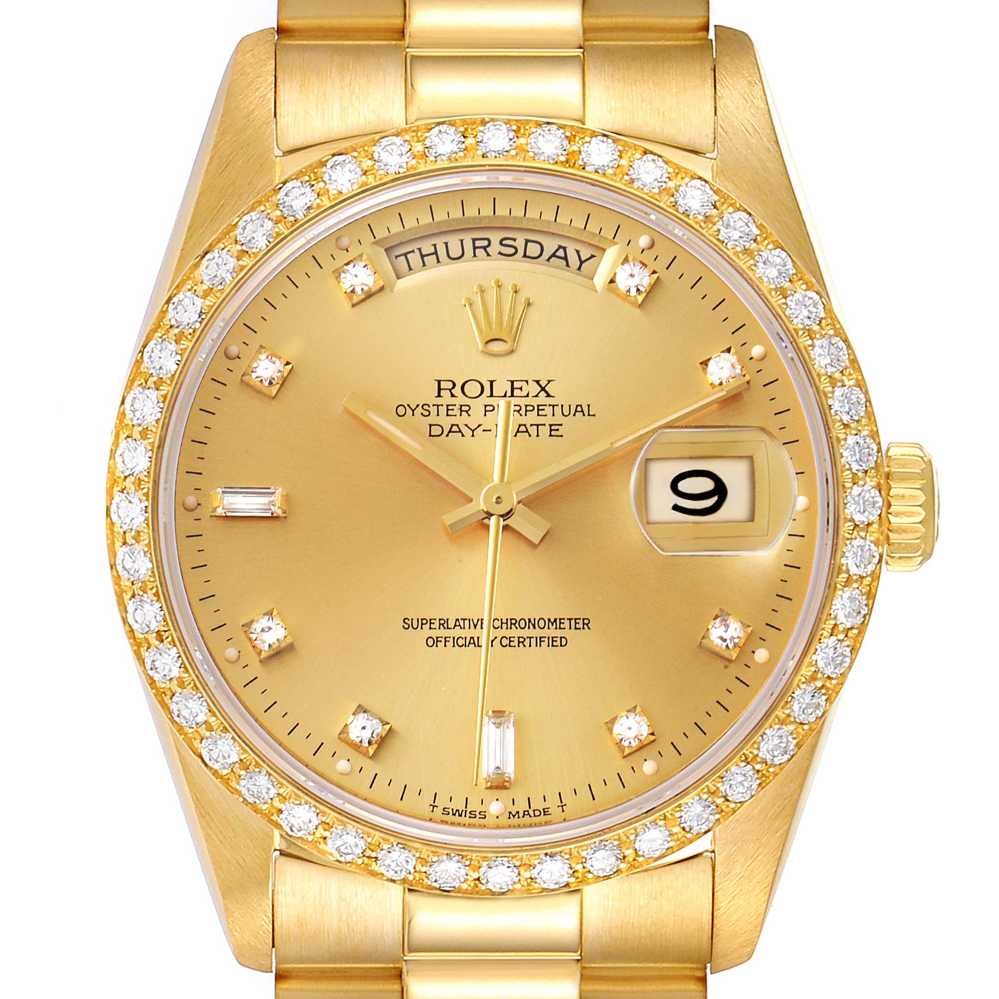 The image shows a front view of a Rolex President 18348 Men's Yellow Gold Champagne Dial 18348 Men's Yellow Gold Champagne Dial model watch, highlighting its gold dial, diamond bezel, and day-date display.