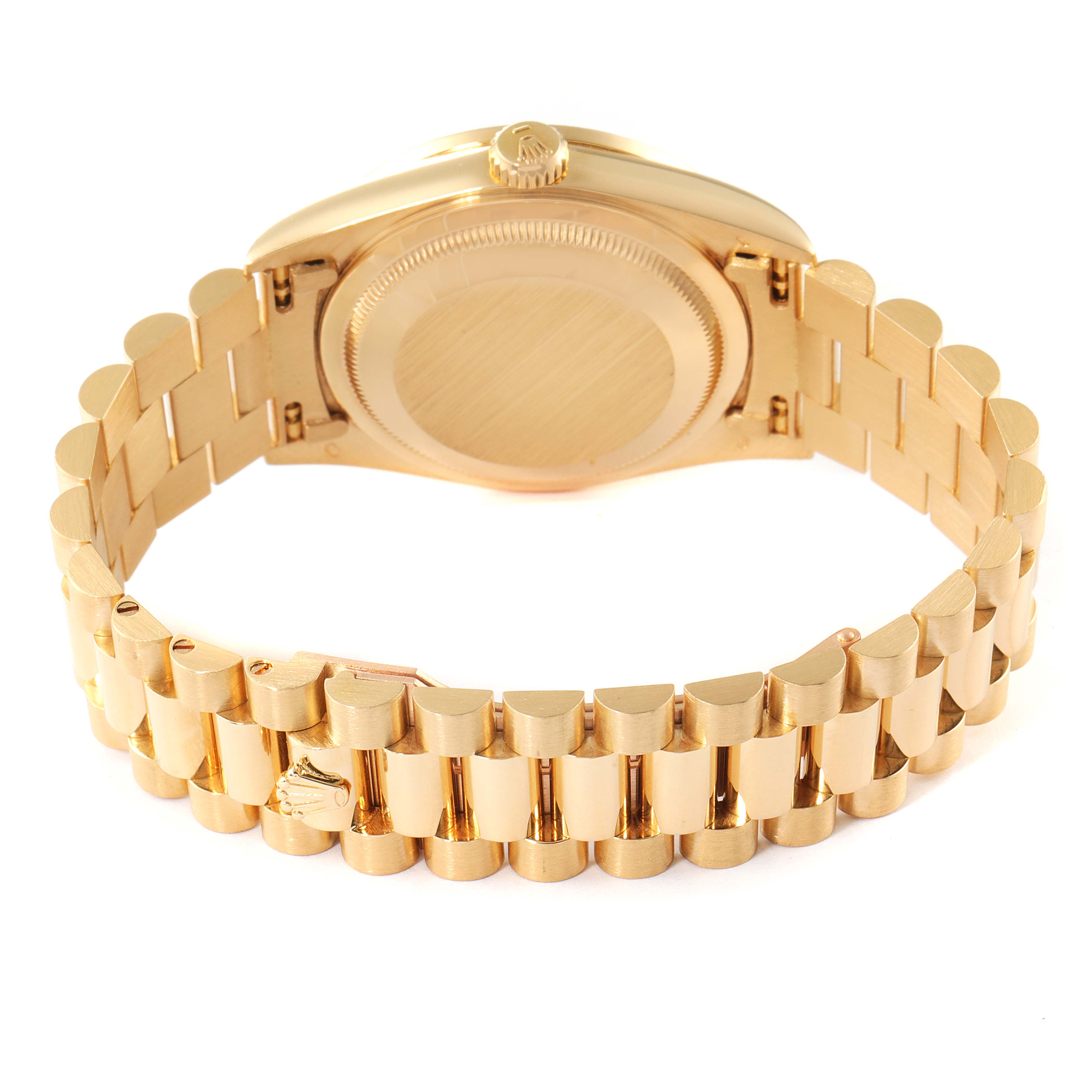 This is a rear view of a Rolex President 18348 Men's Yellow Gold Champagne Dial 18348 Men's Yellow Gold Champagne Dial model watch, showing the case back and the entire bracelet.