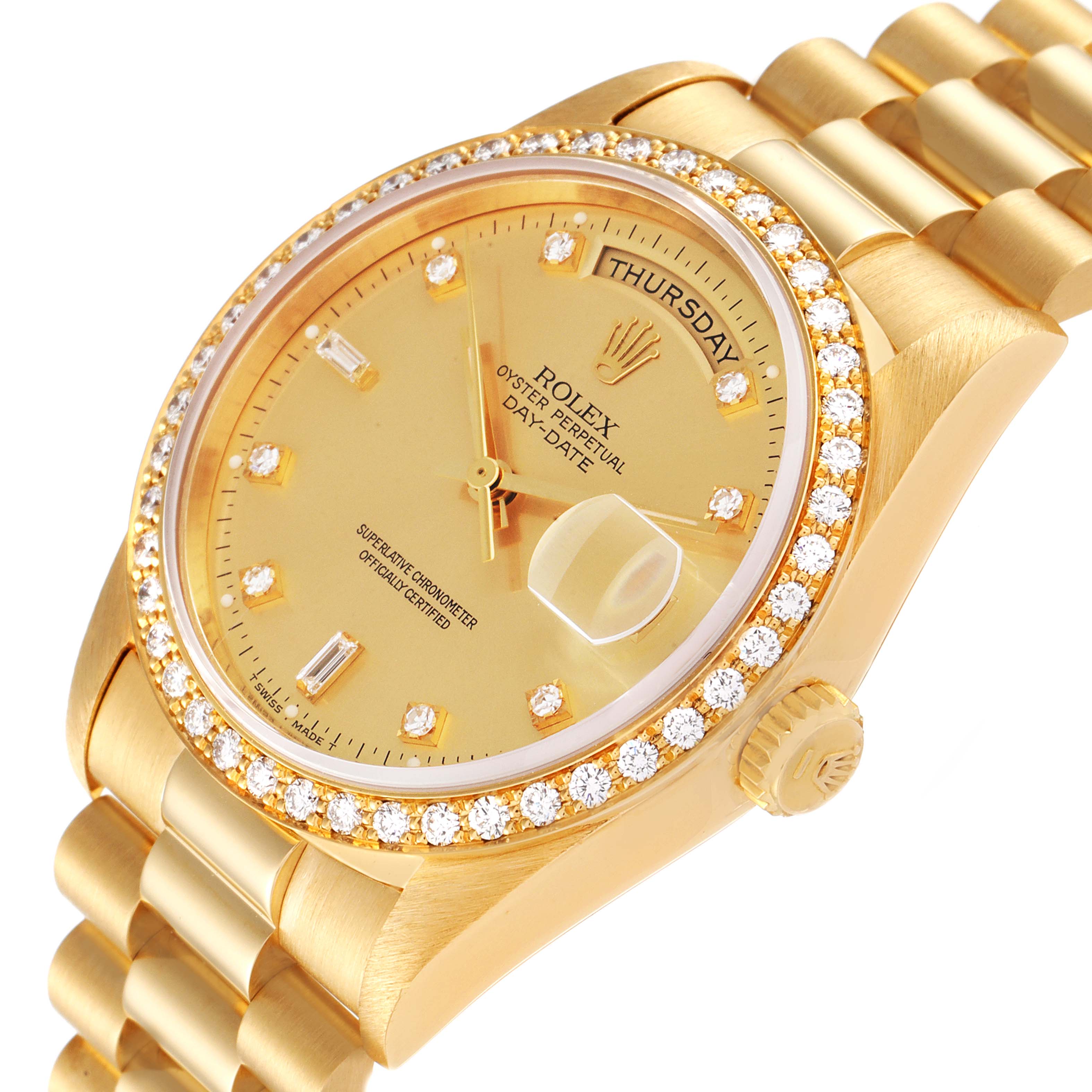 This image shows a close-up, angled view of the dial face, bezel, and part of the bracelet of the Rolex President 18348 Men's Yellow Gold Champagne Dial 18348 Men's Yellow Gold Champagne Dial model watch.