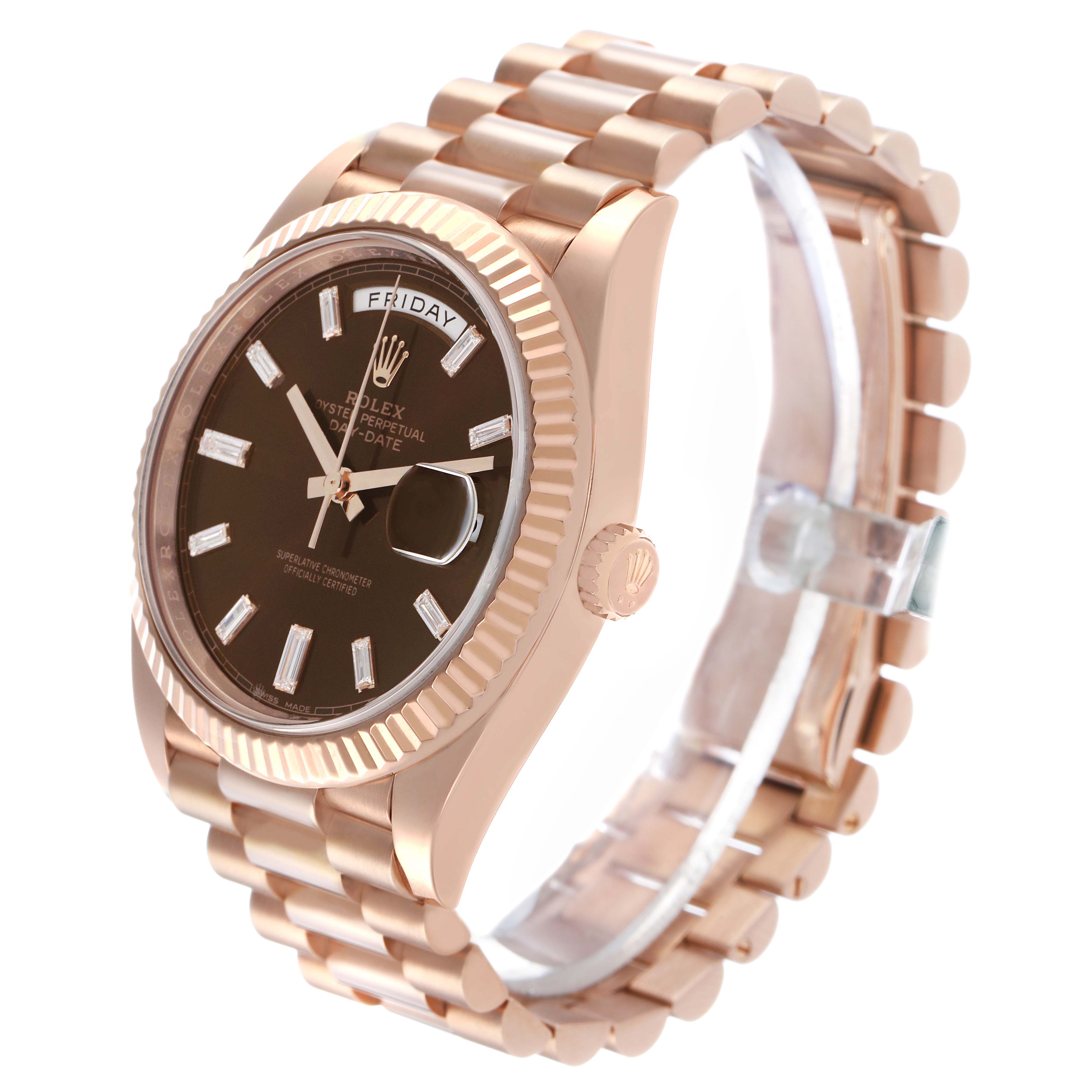 The Rolex President 228235 Men's Rose Gold Brown Dial model is shown from a three-quarter angle, highlighting its dial, bezel, crown, and President bracelet.