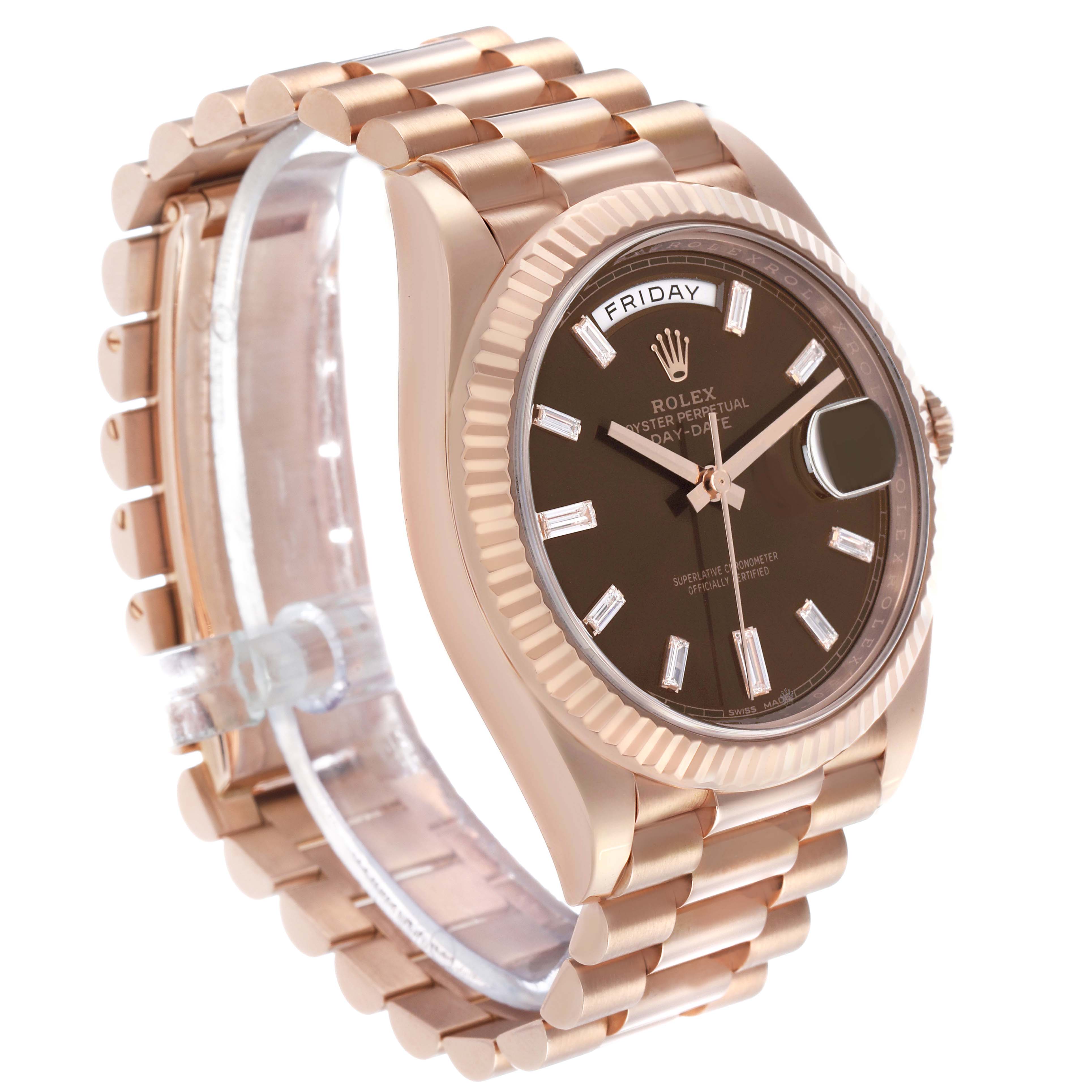 The Rolex President 228235 Men's Rose Gold Brown Dial model watch is shown from a three-quarter angle, highlighting the dial, bezel, bracelet, and crown.