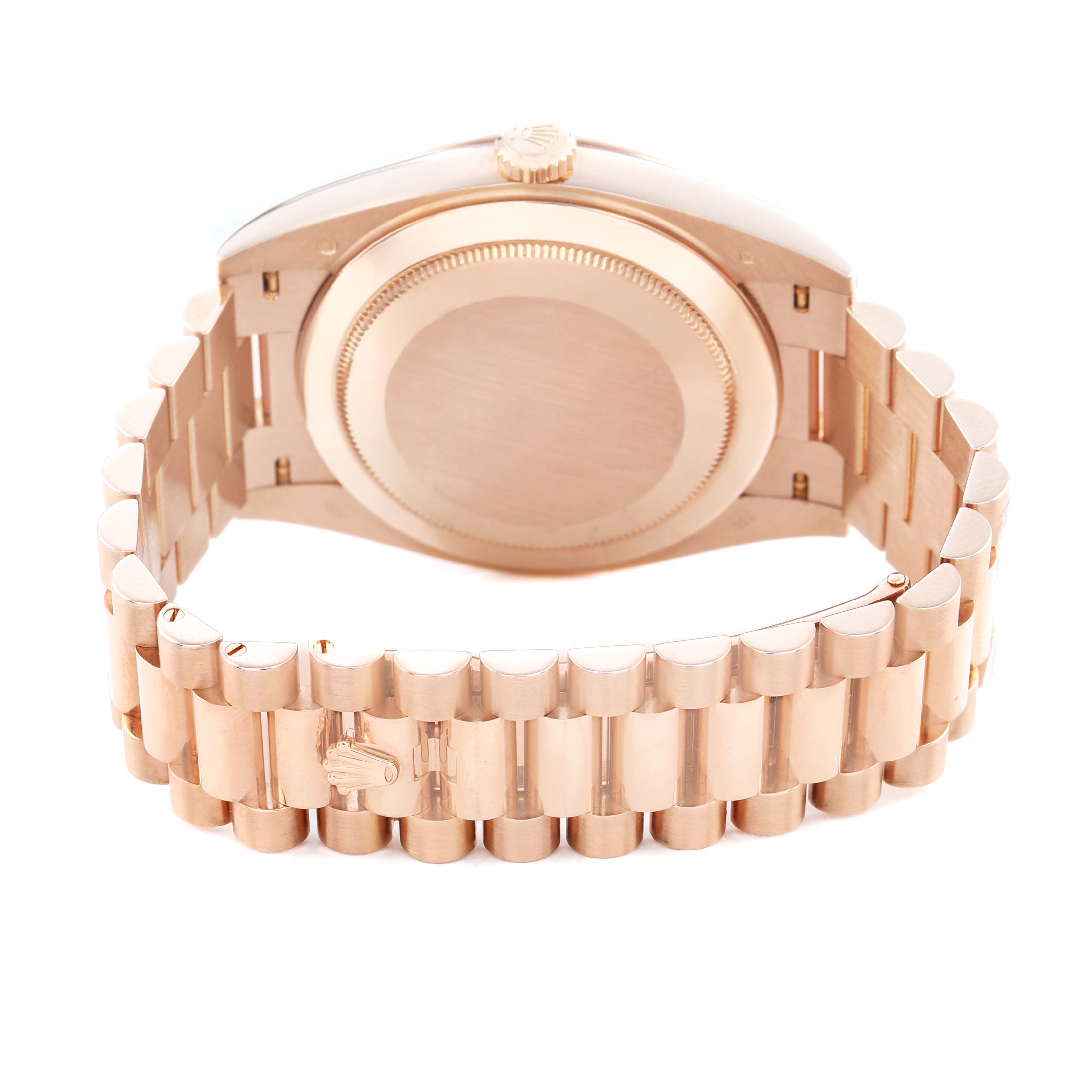 The image shows the back case and bracelet of the Rolex President 228235 Men's Rose Gold Brown Dial model, viewed from the rear.