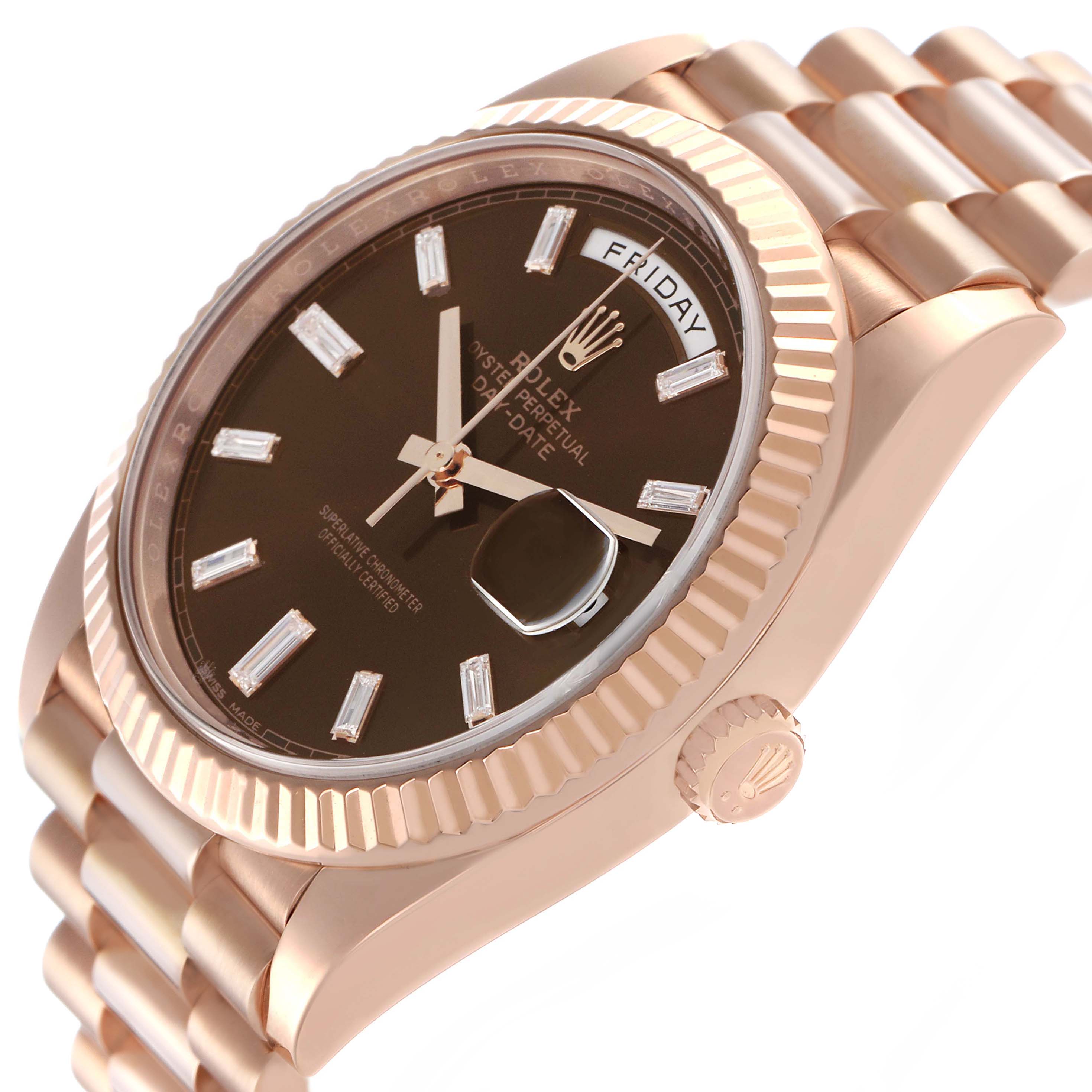 The Rolex President 228235 Men's Rose Gold Brown Dial model is shown at a side angle, highlighting the case, bezel, dial, and bracelet.