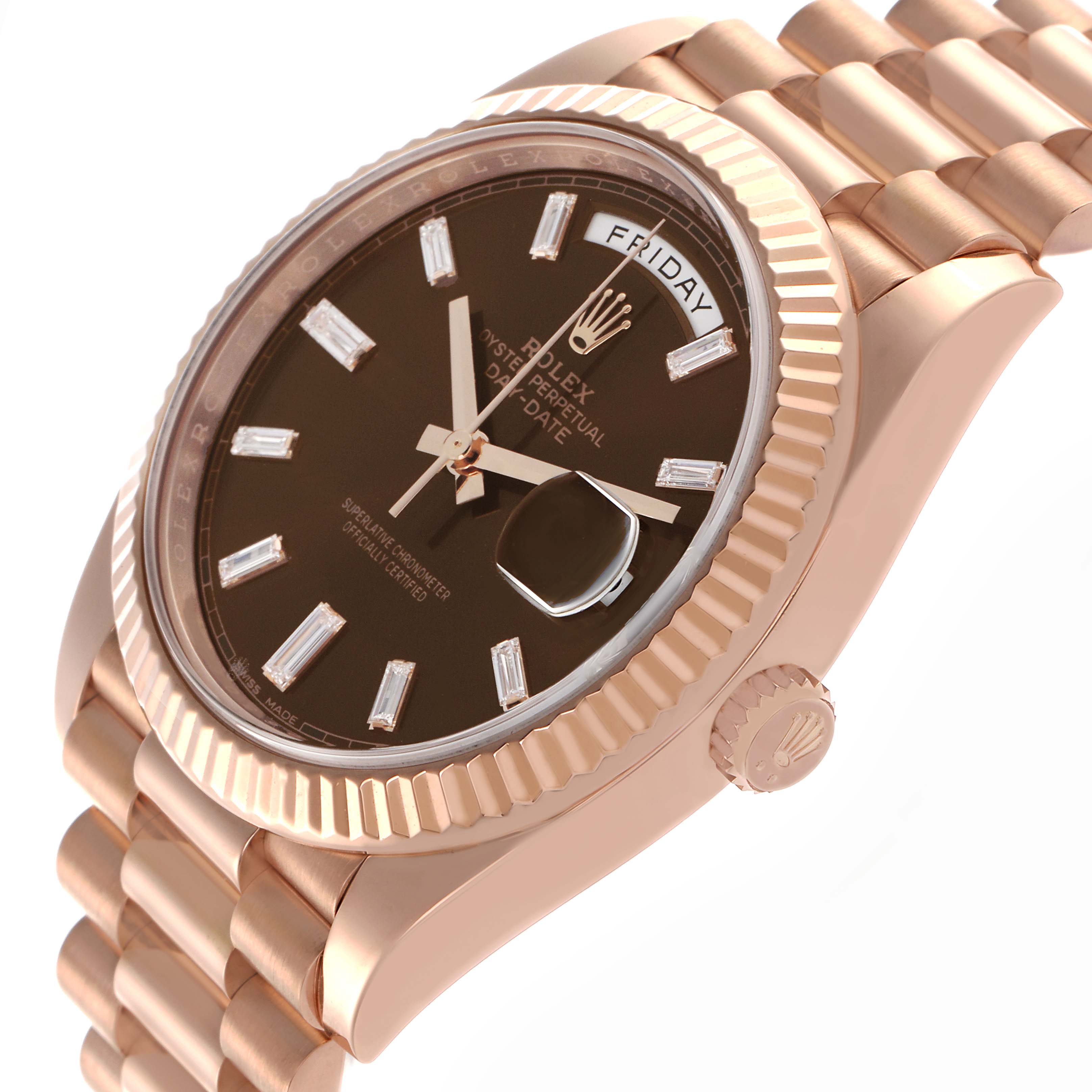 The Rolex President 228235 Men
s Rose Gold Brown Dial 228235 Men
s Rose Gold Brown Dial model watch is shown at an angled view, highlighting the dial, fluted bezel, crown, and part of the bracelet.