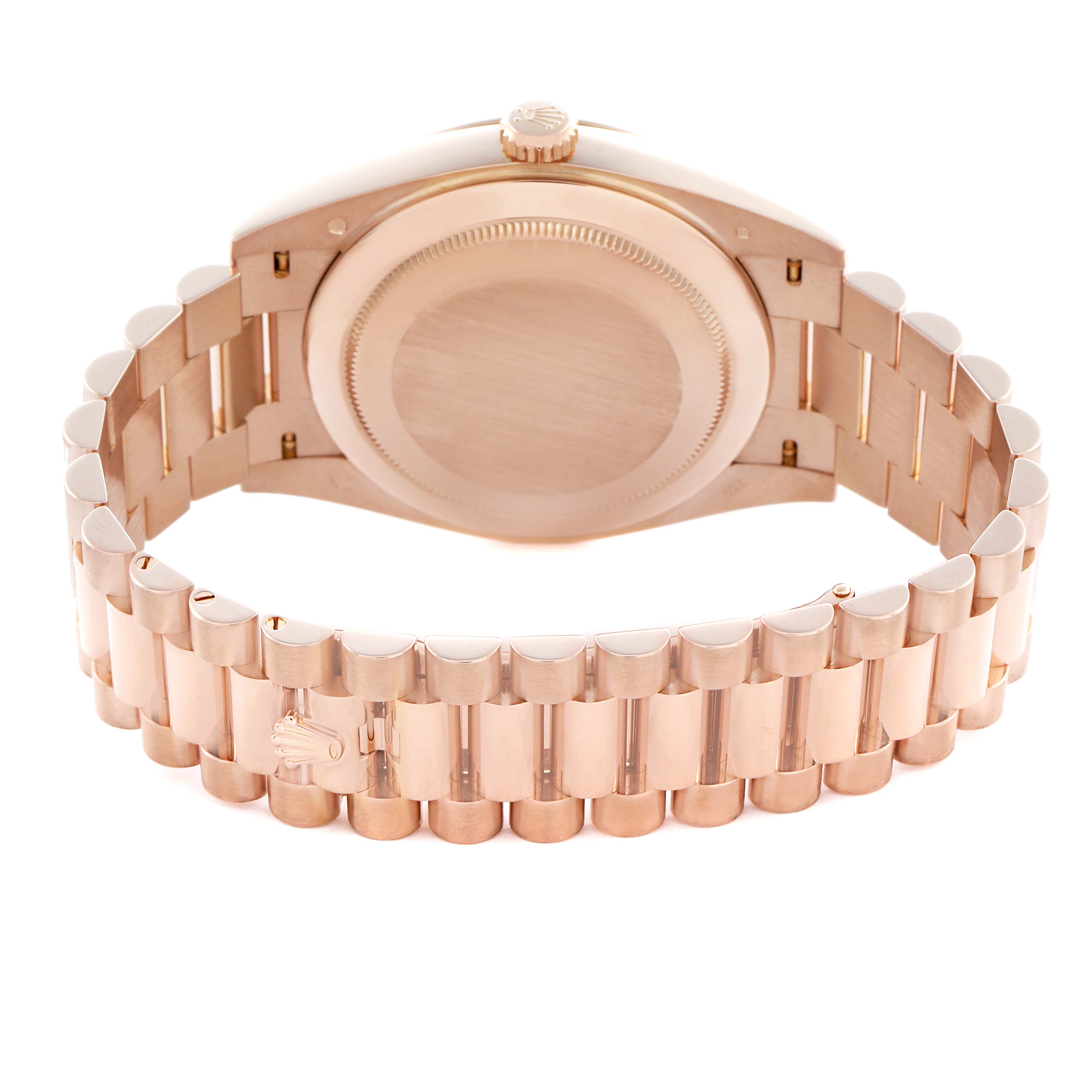 The image shows the back view of a Rolex President 228235 Men
s Rose Gold Brown Dial 228235 Men
s Rose Gold Brown Dial model, highlighting the case back and the bracelet.