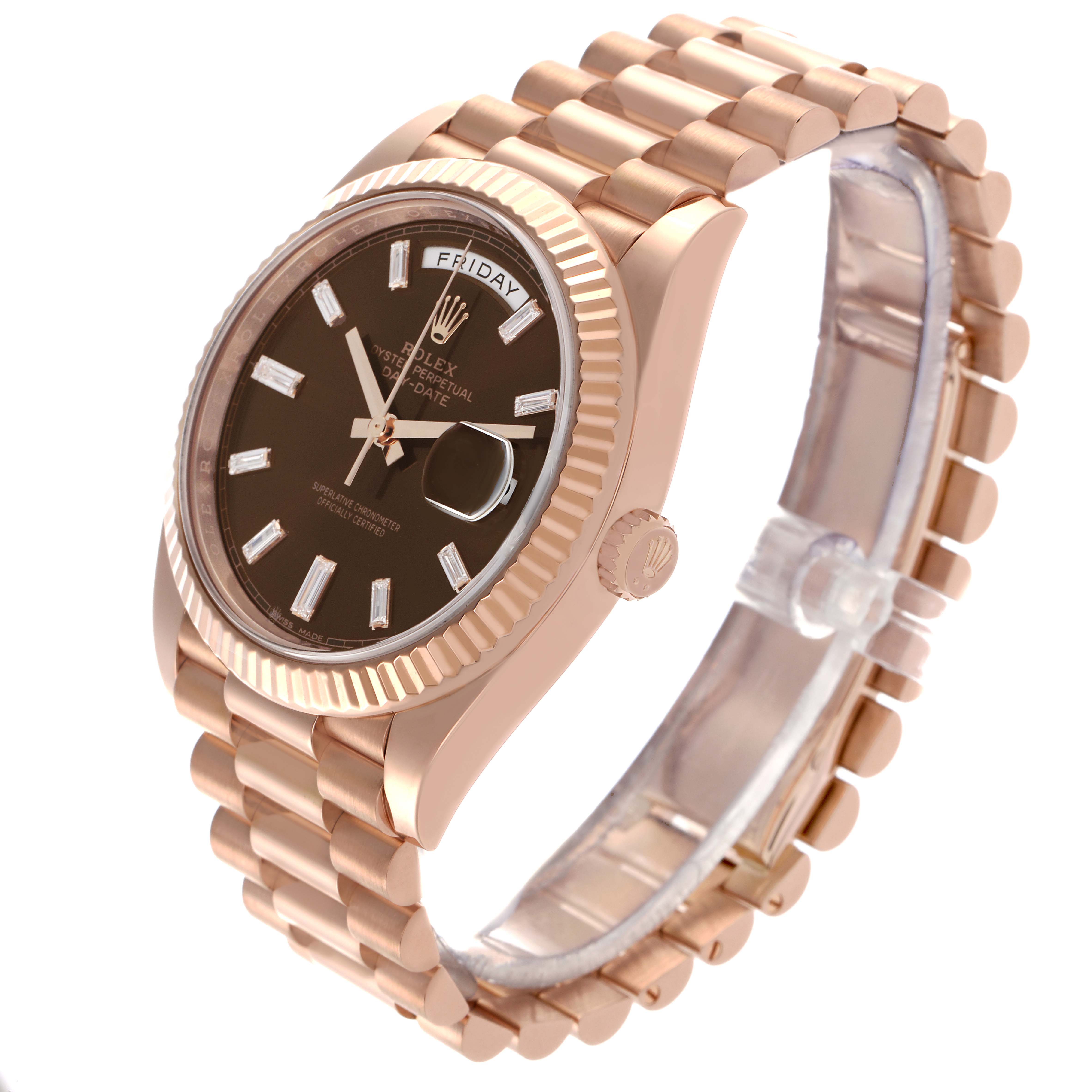 The Rolex President 228235 Men
s Rose Gold Brown Dial 228235 Men
s Rose Gold Brown Dial model watch is shown at a three-quarter angle, highlighting the brown face, bezel, bracelet, and crown.