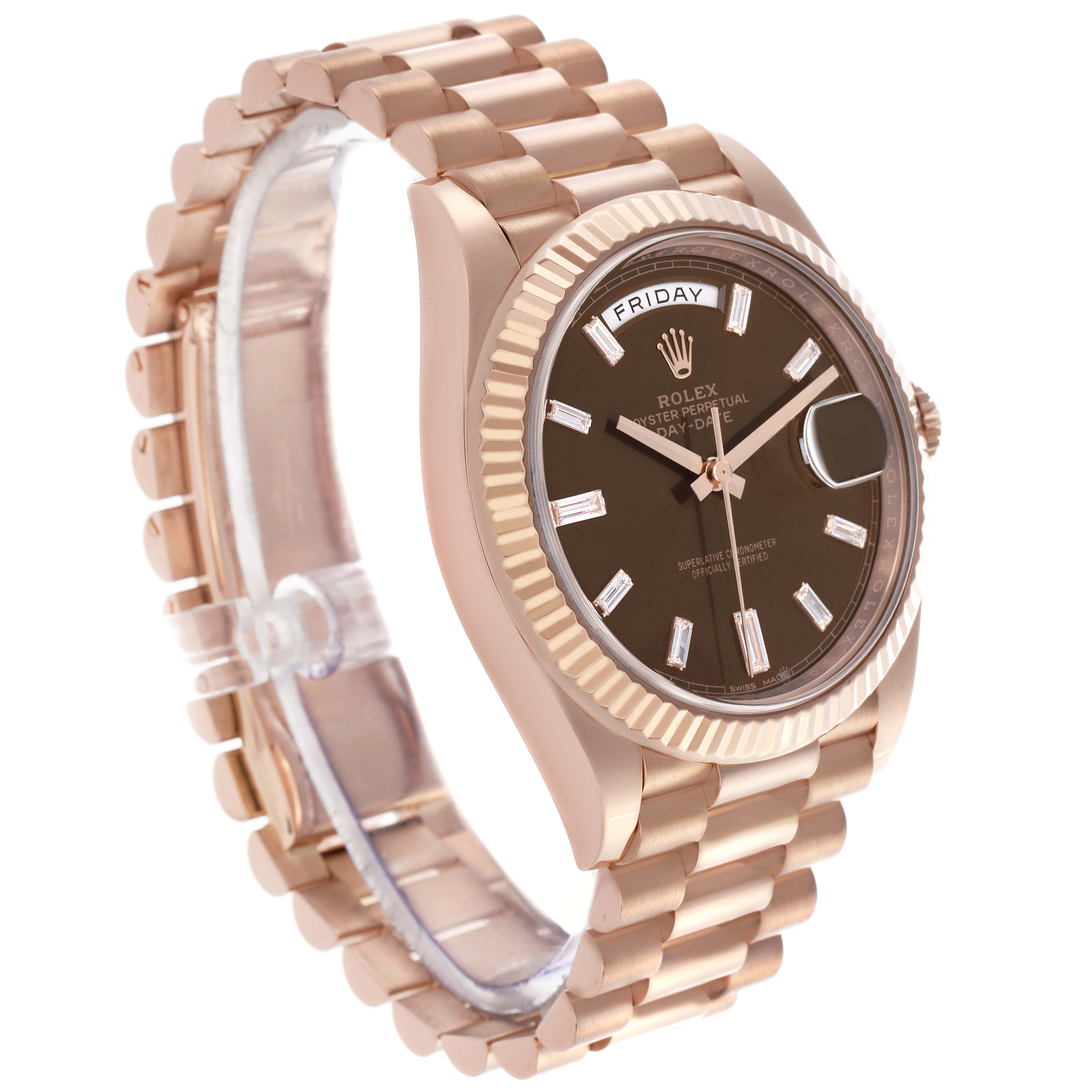 The Rolex President 228235 Men
s Rose Gold Brown Dial 228235 Men
s Rose Gold Brown Dial model watch is shown at an angled side view, highlighting the bracelet, case, bezel, and dial.