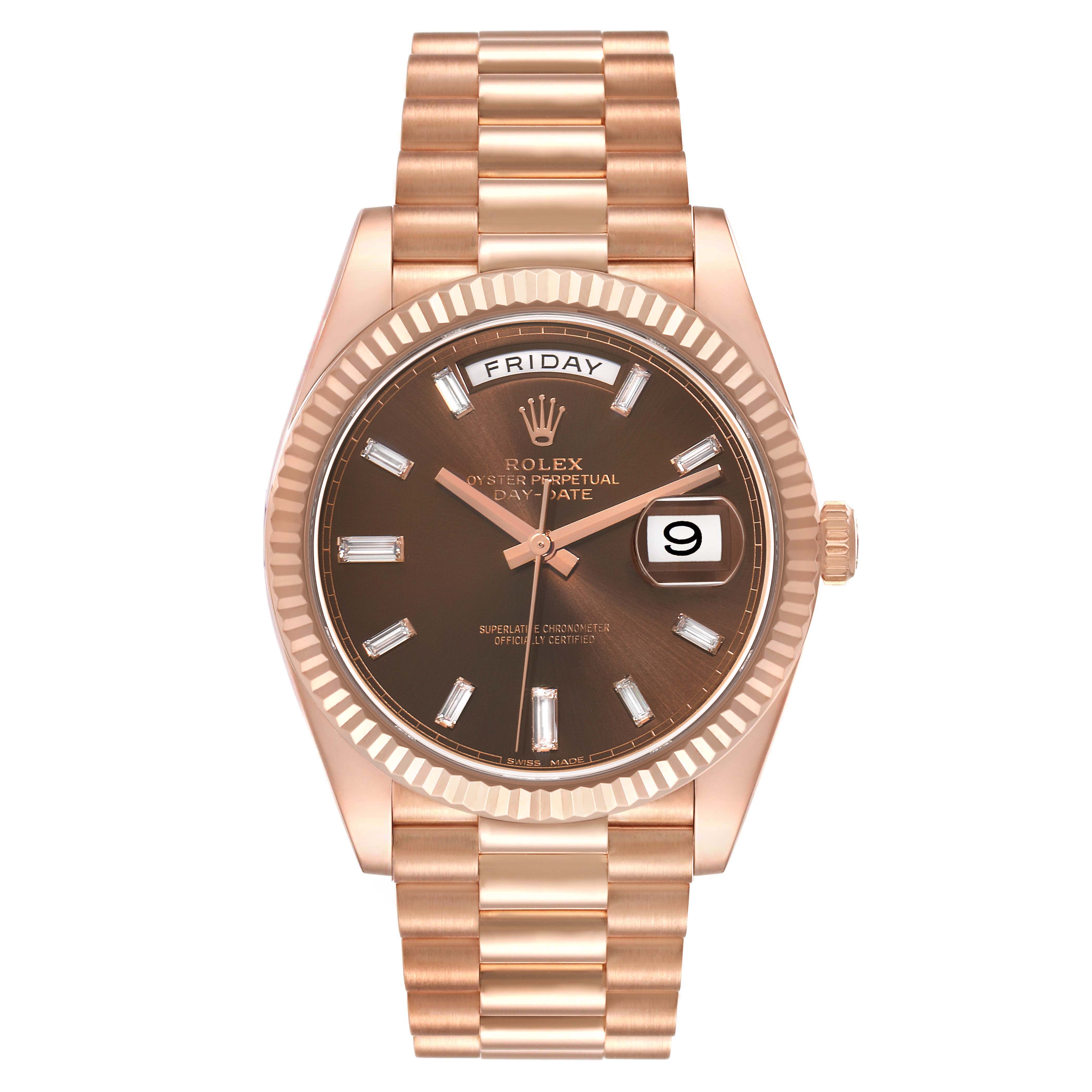 The Rolex President 228235 Men
s Rose Gold Brown Dial 228235 Men
s Rose Gold Brown Dial model is shown from a straight-on angle, highlighting the watch face, bezel, and bracelet.