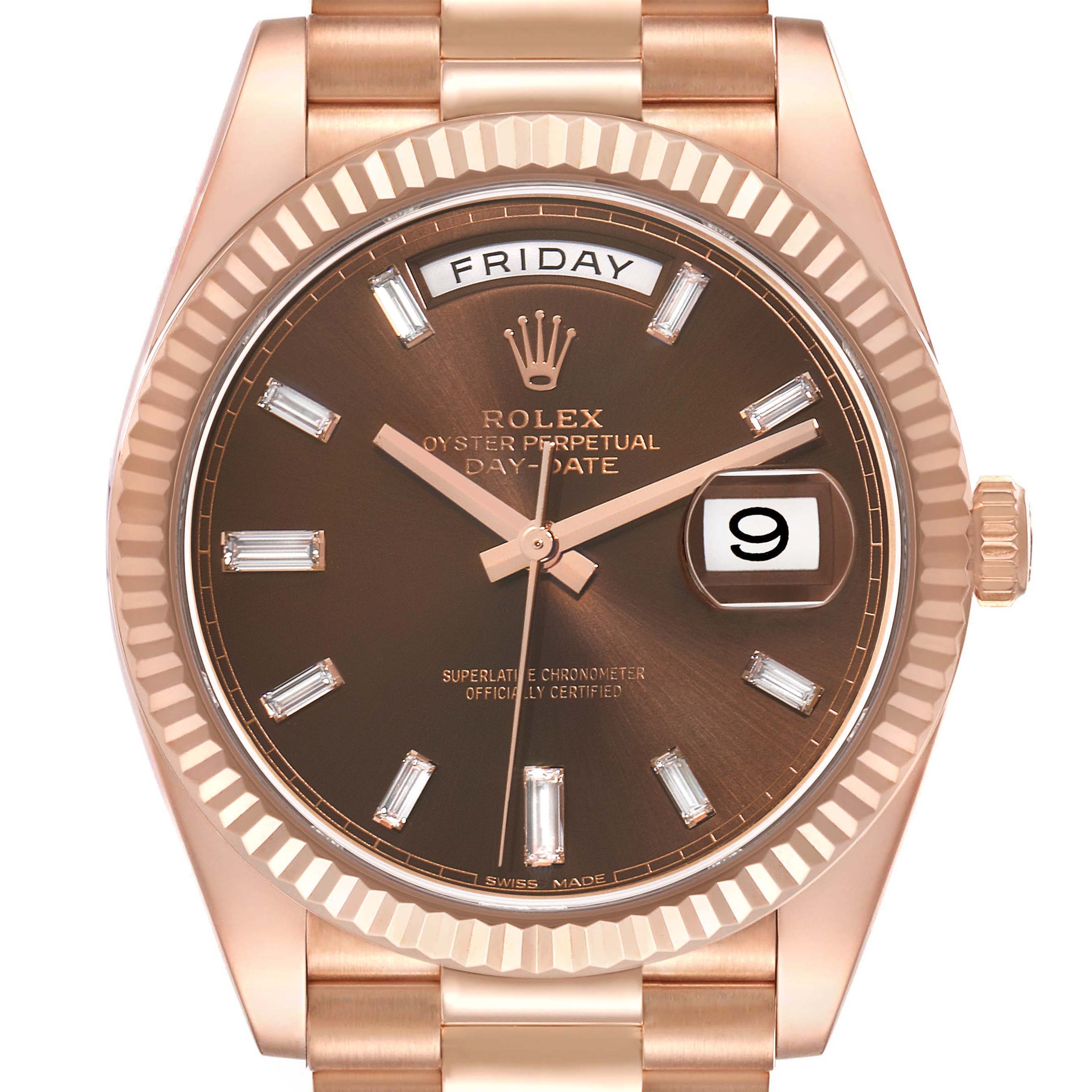The Rolex President 228235 Men
s Rose Gold Brown Dial 228235 Men
s Rose Gold Brown Dial model watch is shown from the front, highlighting its face, day-date features, and bracelet.