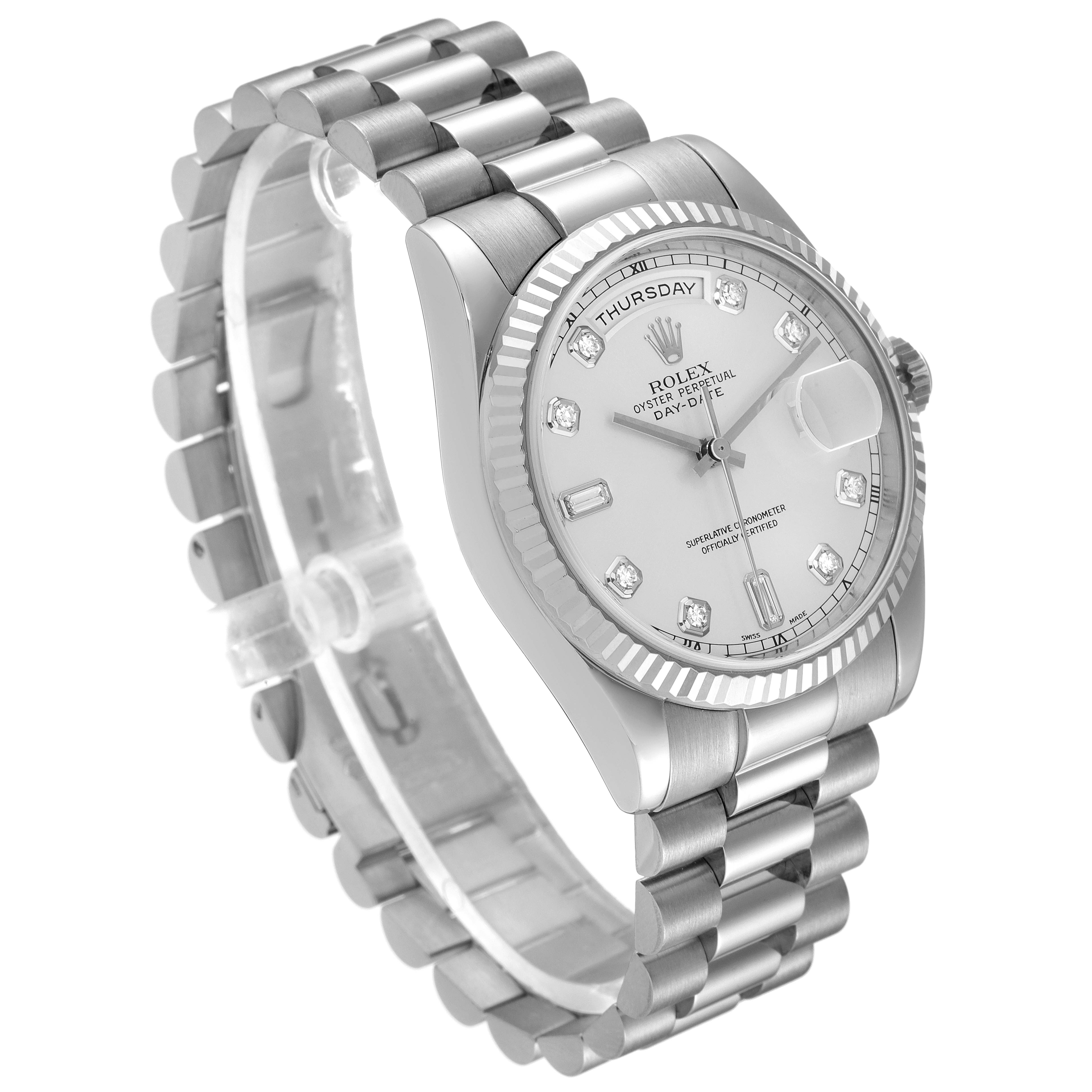 The image shows a three-quarter angle of a Rolex President 118239 Men
s White Gold Silver Dial 118239 Men
s White Gold Silver Dial model watch, displaying the face, bezel, and bracelet.