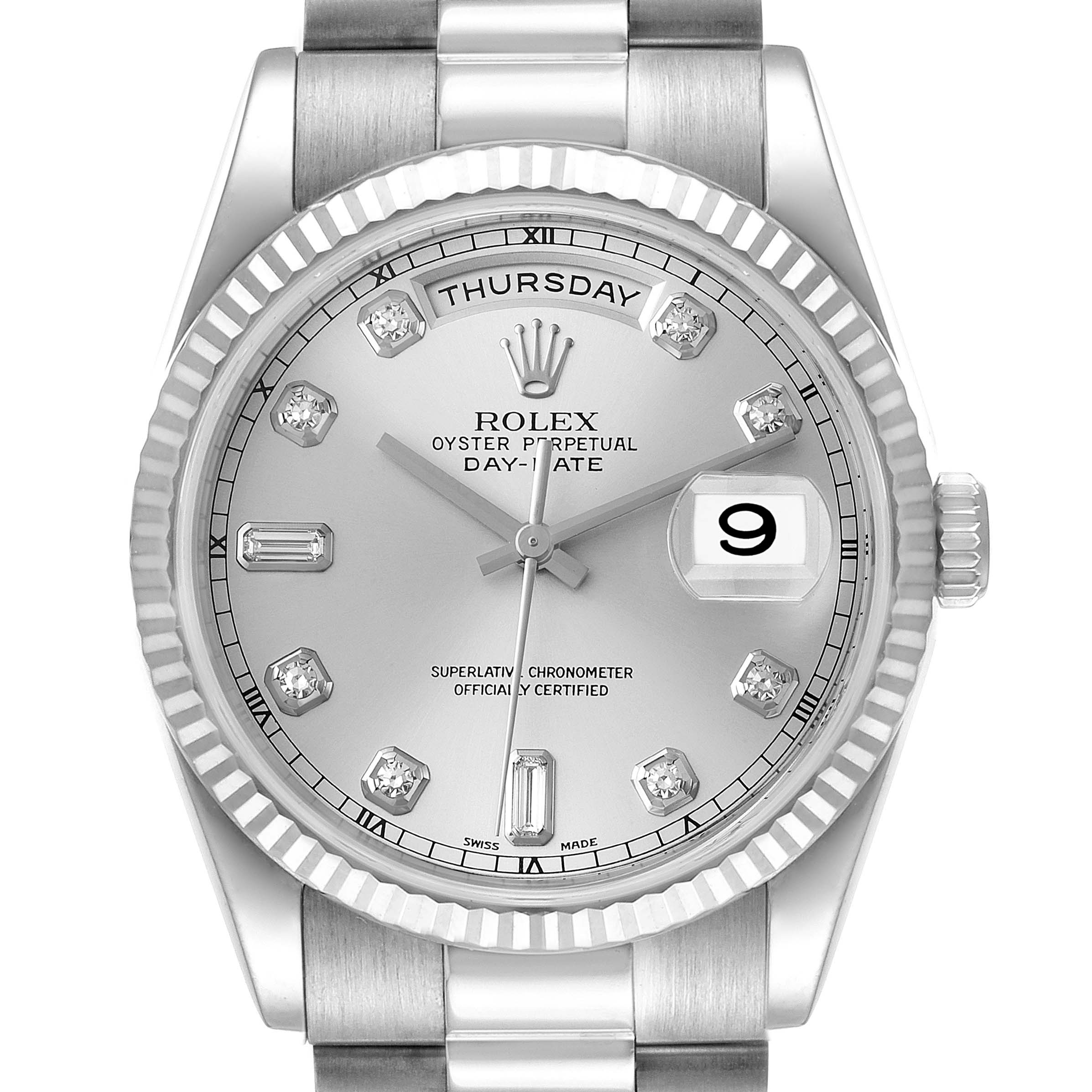 The image shows the face, bezel, and part of the bracelet of a Rolex President 118239 Men
s White Gold Silver Dial 118239 Men
s White Gold Silver Dial Day-Date watch.
