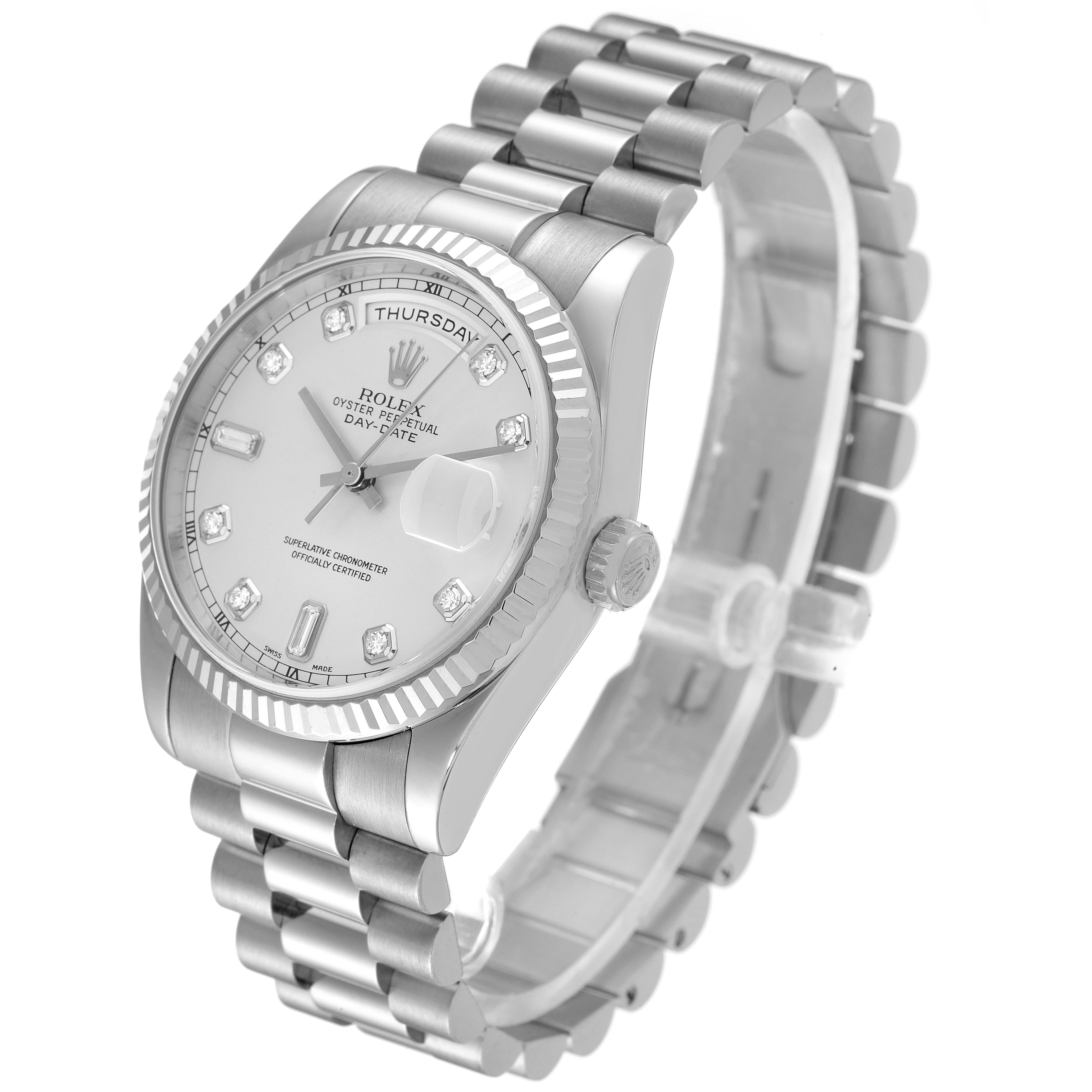 The image shows a Rolex President 118239 Men
s White Gold Silver Dial 118239 Men
s White Gold Silver Dial model watch from a front-right angle, displaying its face, band, and crown.