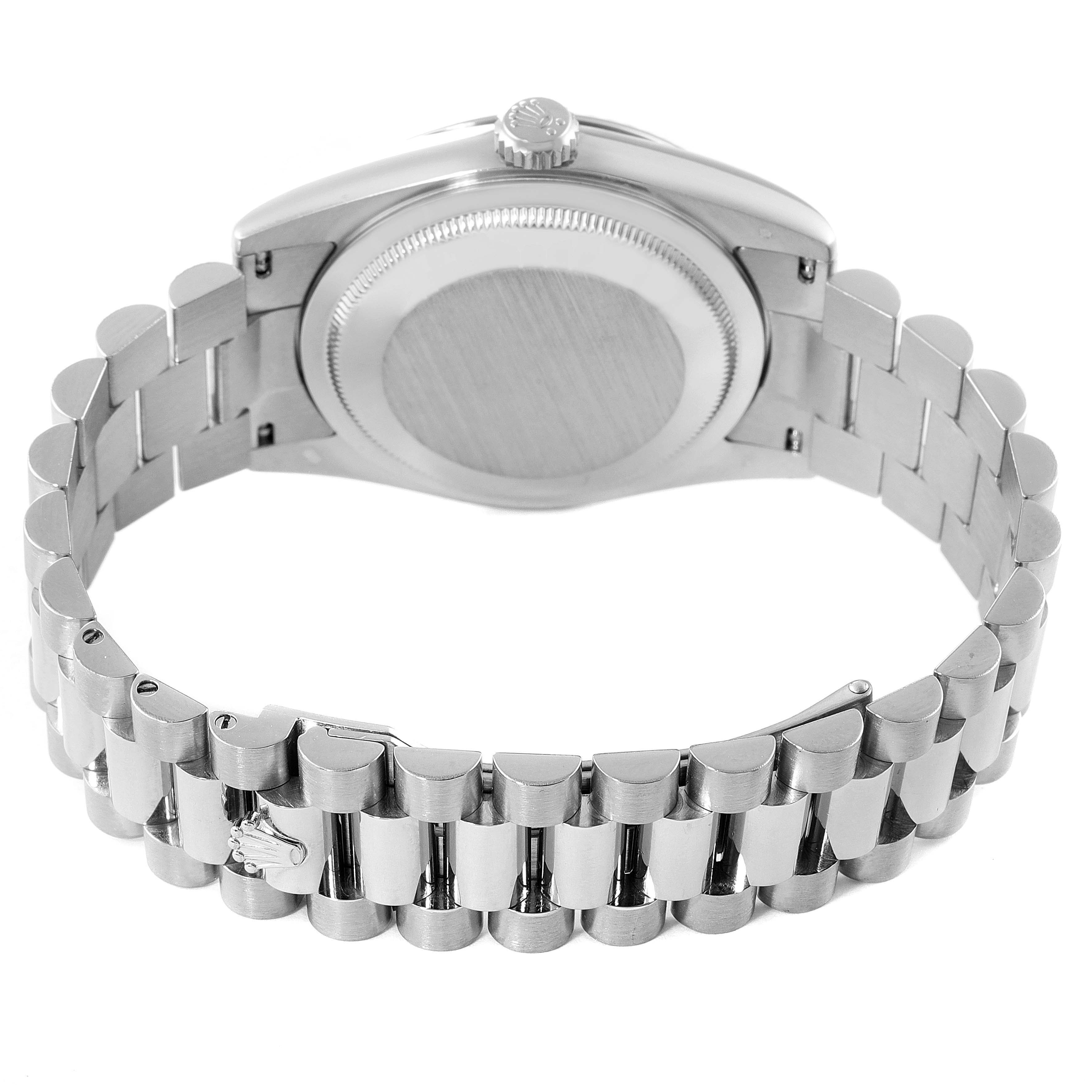 This image shows the back case and bracelet of the Rolex President 118239 Men
s White Gold Silver Dial 118239 Men
s White Gold Silver Dial model watch from a rear angle.