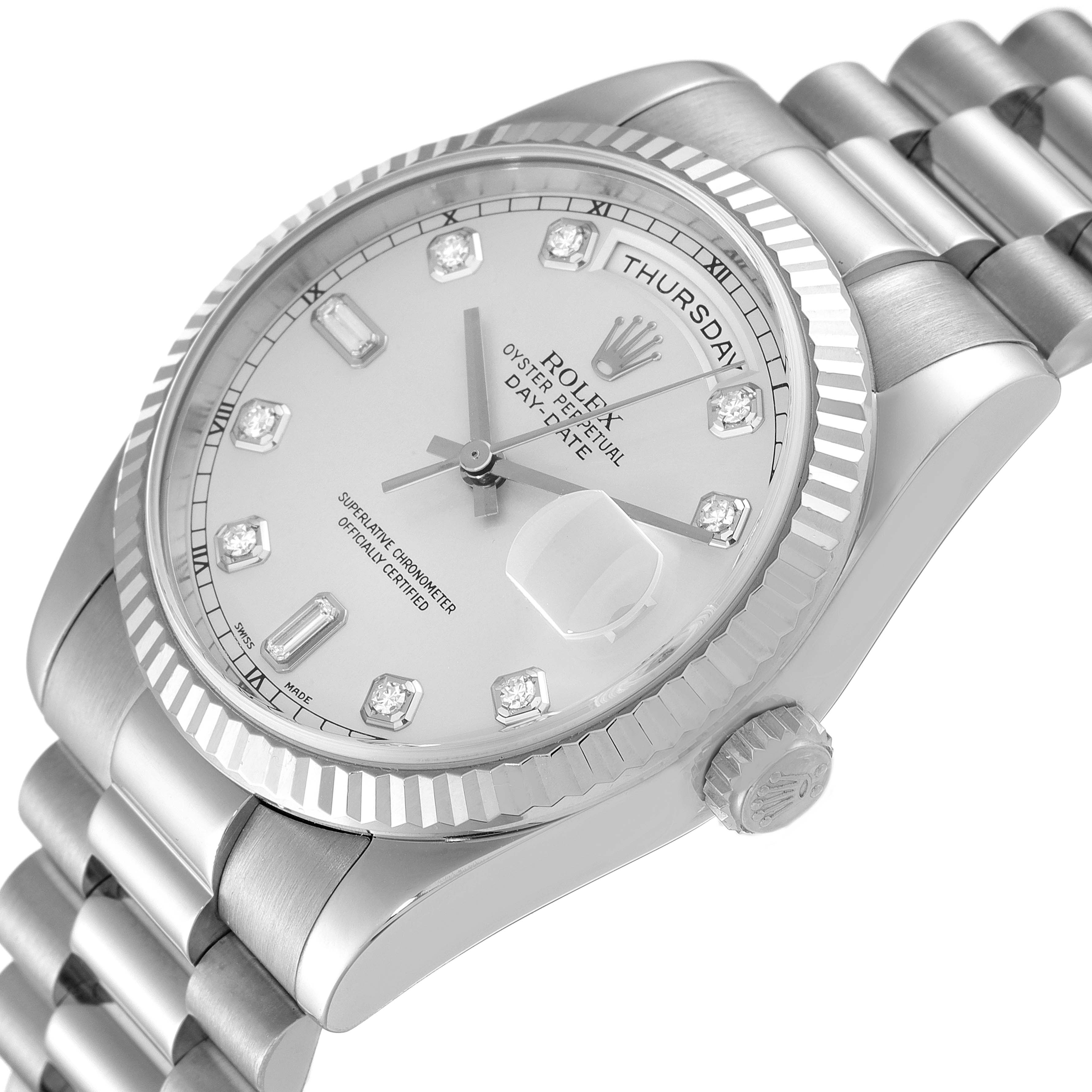 The image shows a Rolex President 118239 Men
s White Gold Silver Dial 118239 Men
s White Gold Silver Dial model watch at an angle, highlighting its dial, bezel, and bracelet.