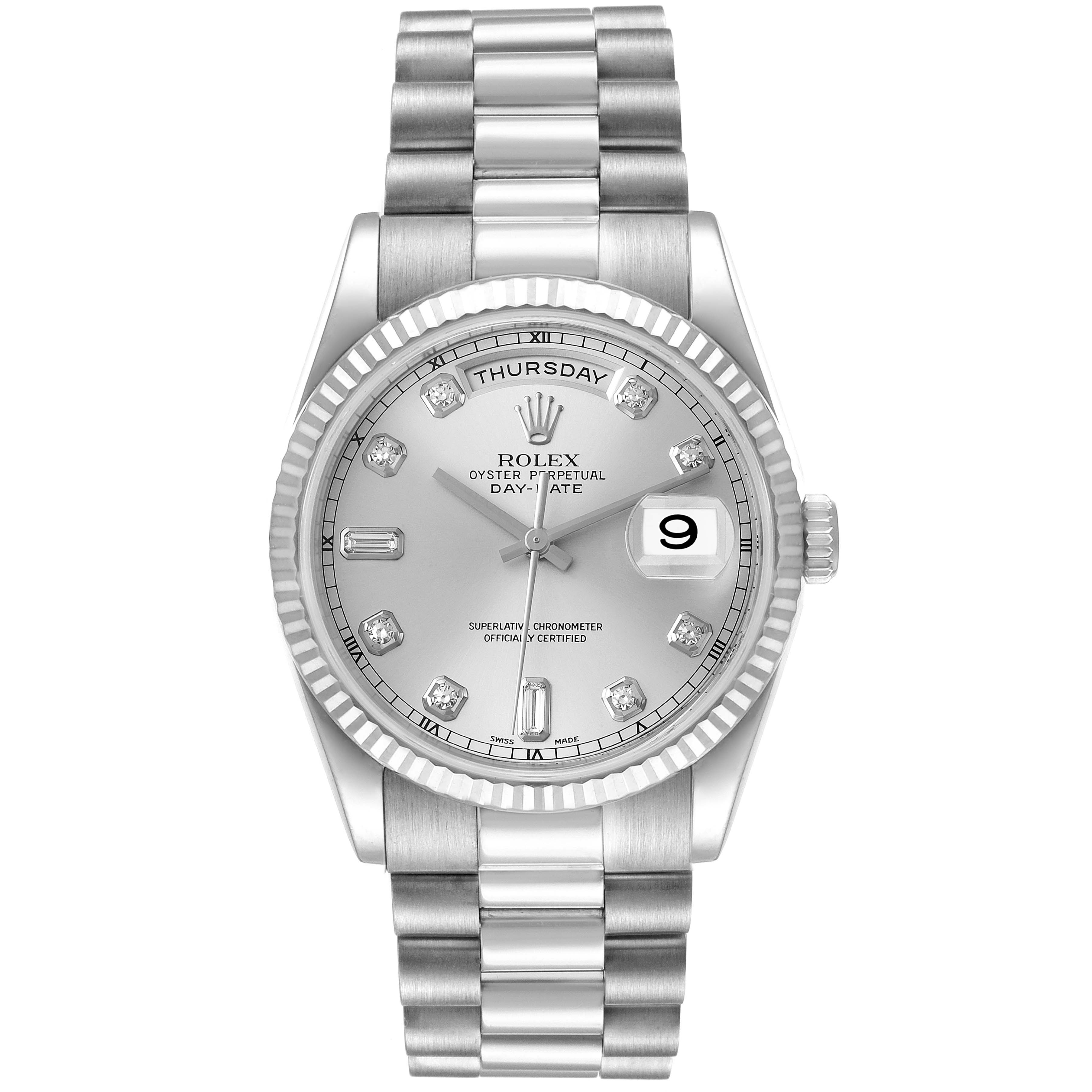 The image shows a front view of the Rolex President 118239 Men
s White Gold Silver Dial 118239 Men
s White Gold Silver Dial model watch, displaying the dial, bracelet, and bezel.