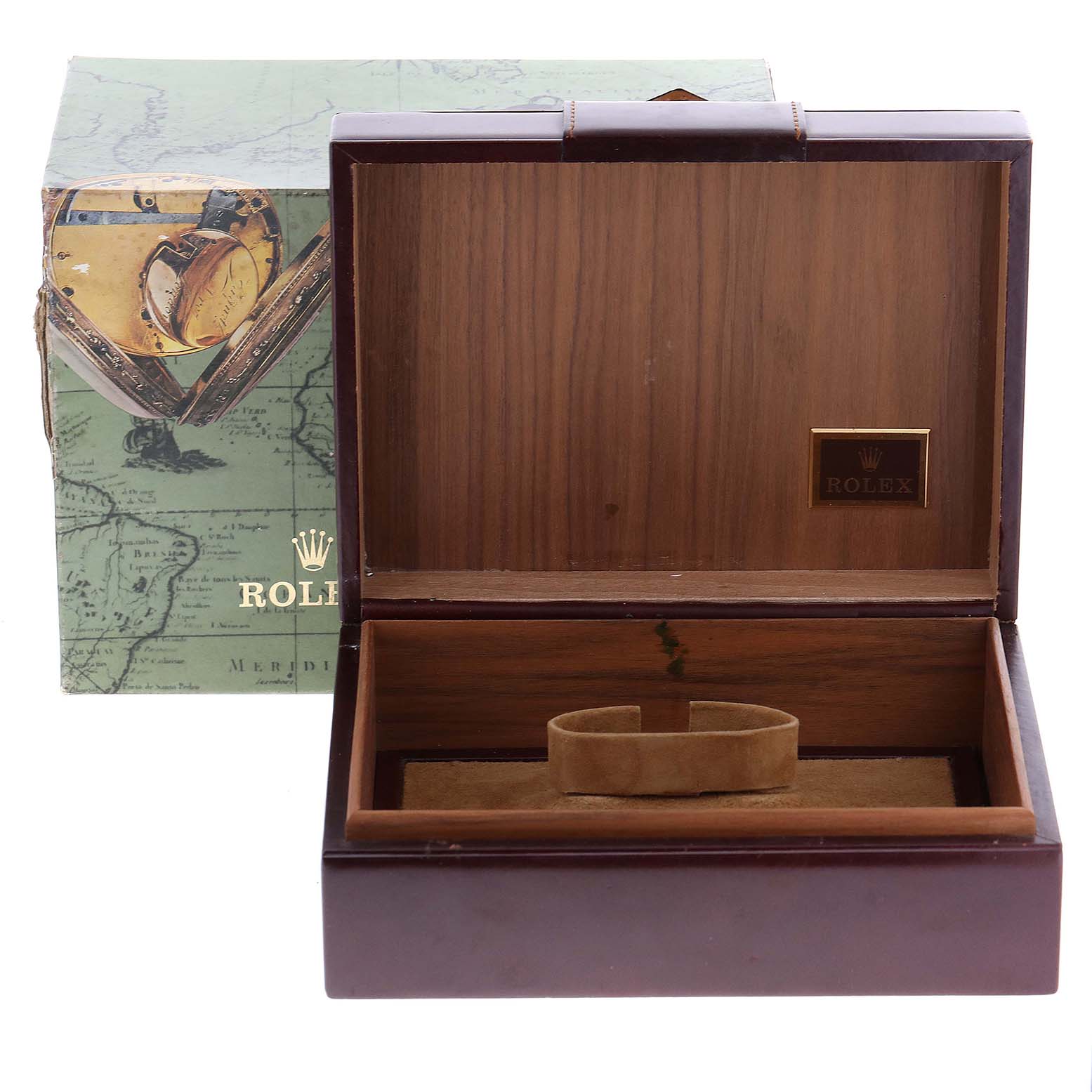 This image shows the open wooden case and outer box for a Rolex President 118239 Men
s White Gold Silver Dial 118239 Men
s White Gold Silver Dial model watch, with the Rolex logo visible inside the case.