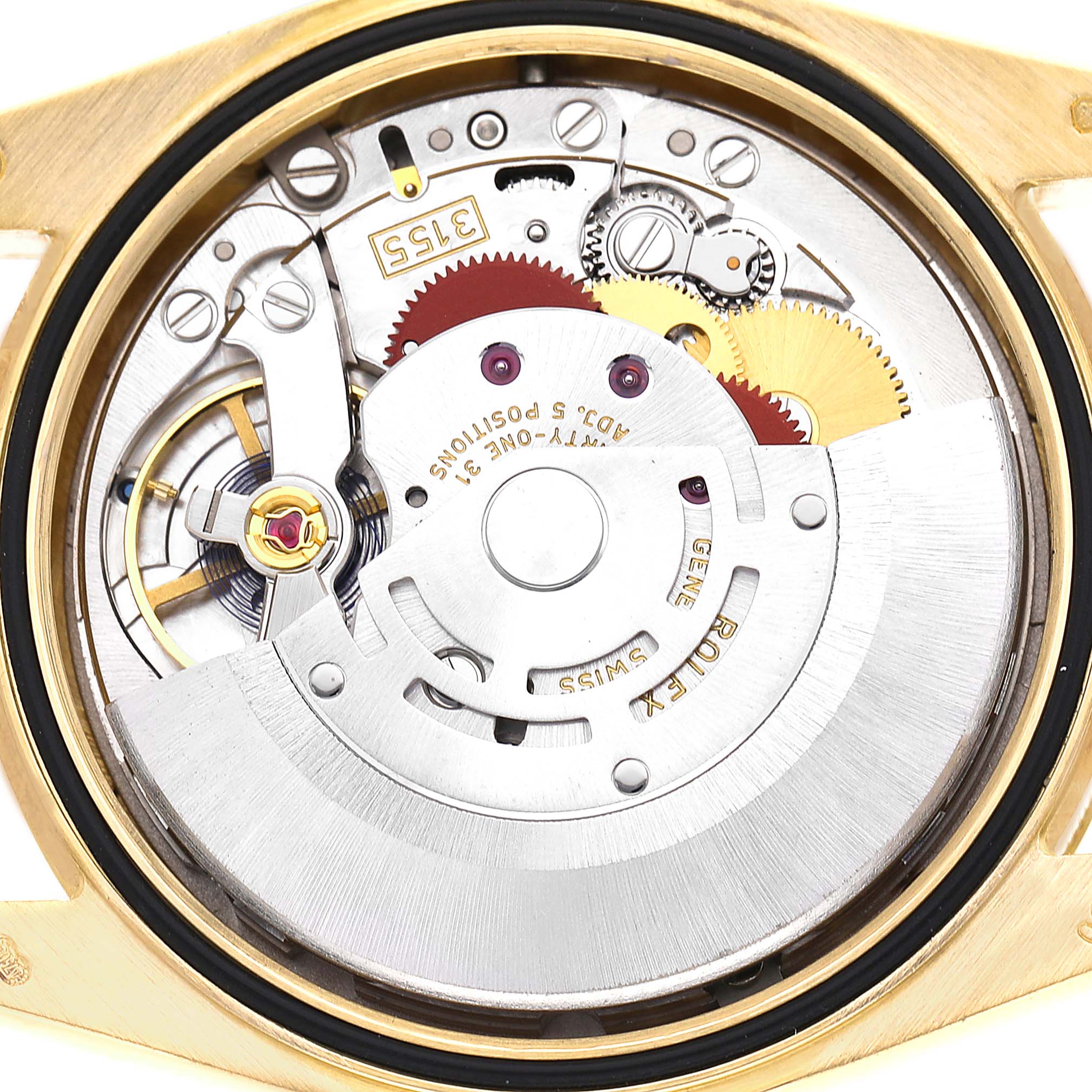 The image shows the inner mechanism of the Rolex President 118238 Men's Yellow Gold Champagne Dial model, highlighting gears and movement components from a top view.