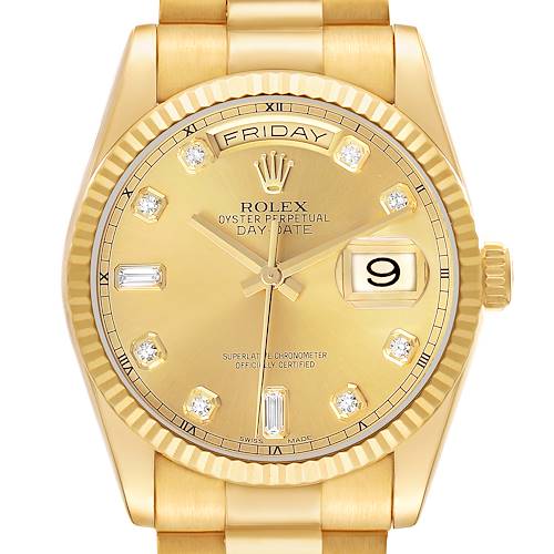 Photo of Rolex President Day-Date Yellow Gold Diamond Dial Mens Watch 118238 Box Card