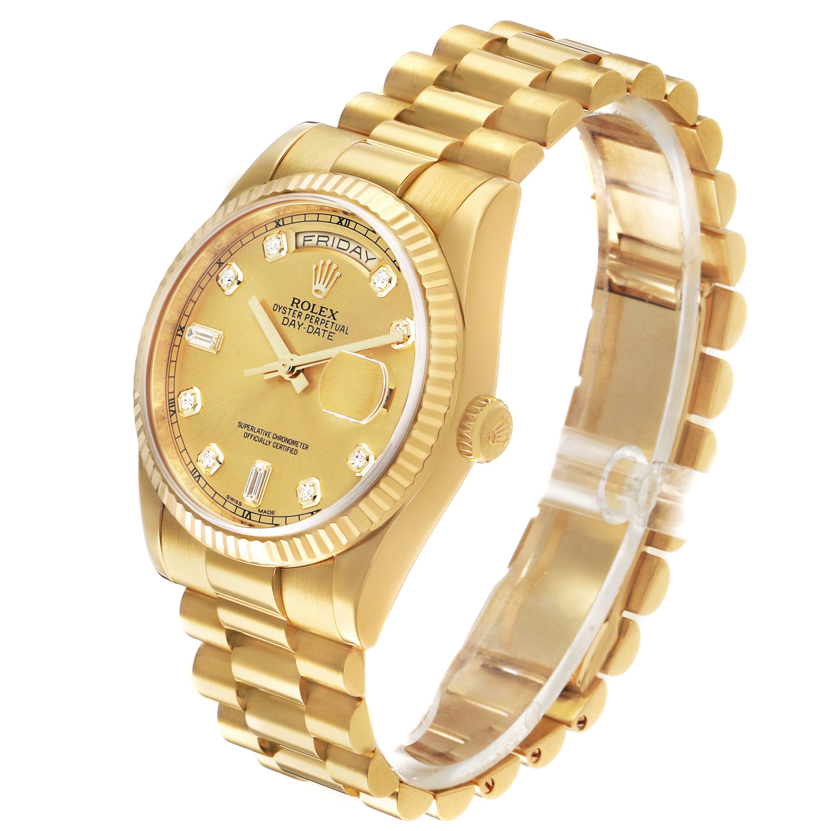 The Rolex President 118238 Men's Yellow Gold Champagne Dial model watch is shown at a three-quarter angle, displaying the face, crown, and bracelet.