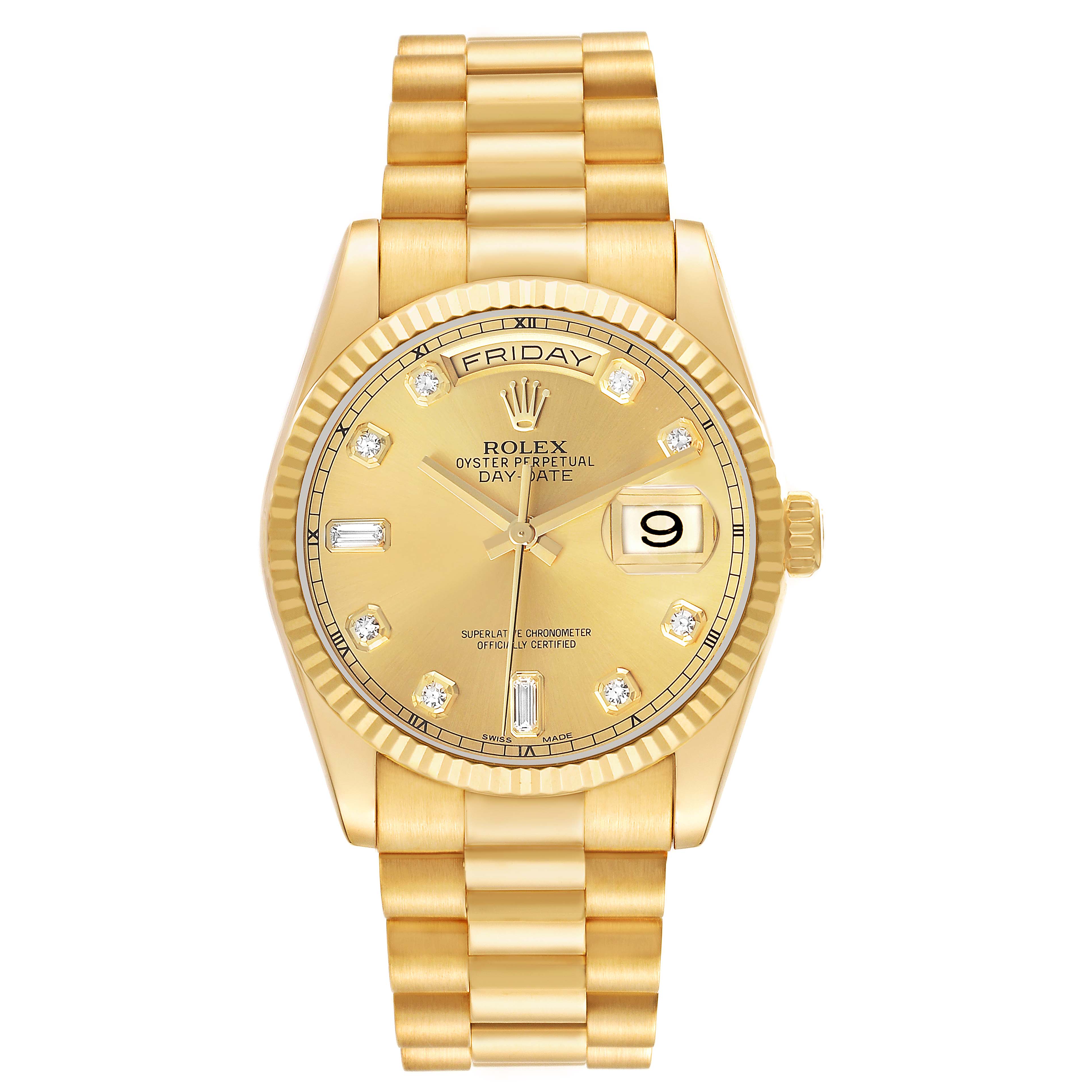 The Rolex President 118238 Men's Yellow Gold Champagne Dial model is shown from a front view, displaying the dial, day-date function, and full bracelet.