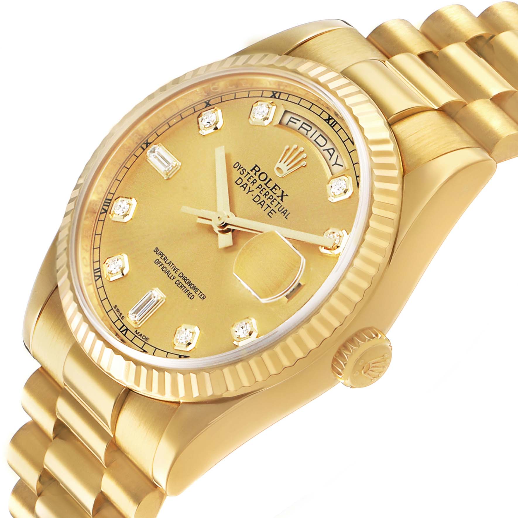 The Rolex President 118238 Men's Yellow Gold Champagne Dial model watch is shown from a side angle, displaying the dial, day and date windows, and part of the bracelet.