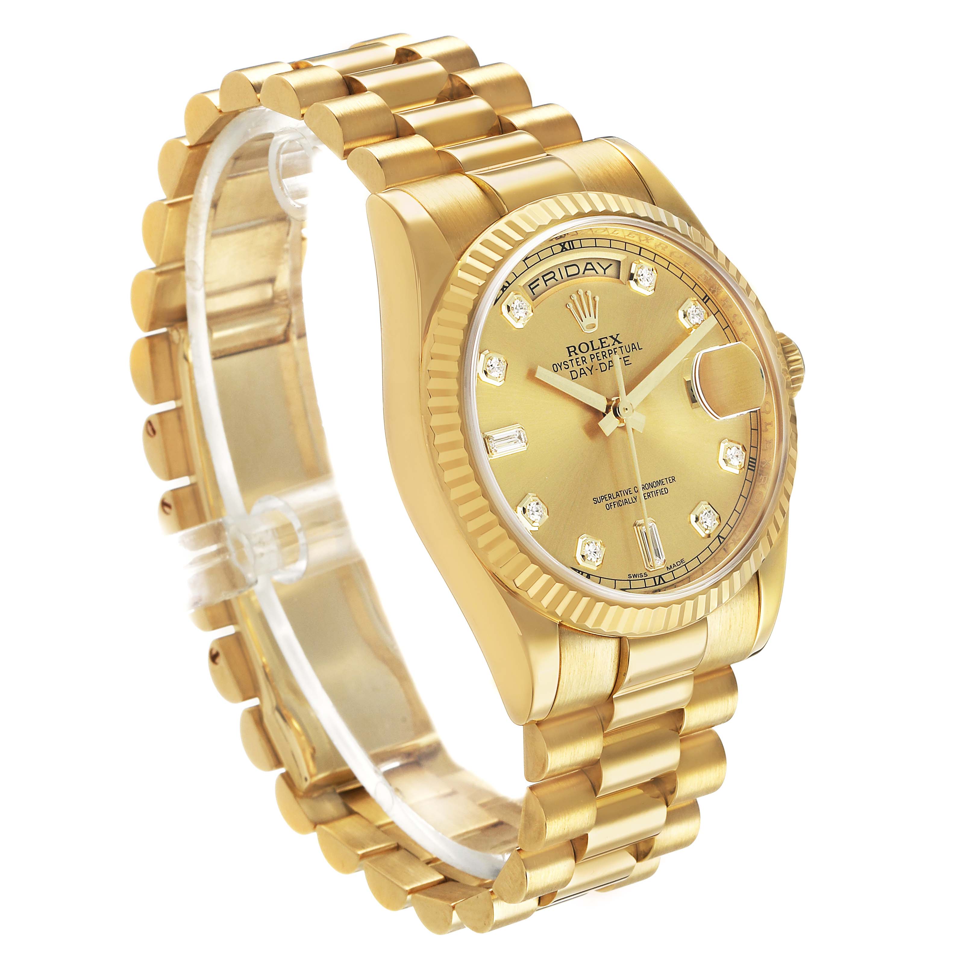 The Rolex President 118238 Men's Yellow Gold Champagne Dial model watch is shown at an angle highlighting the bracelet, face, bezel, and side profile.