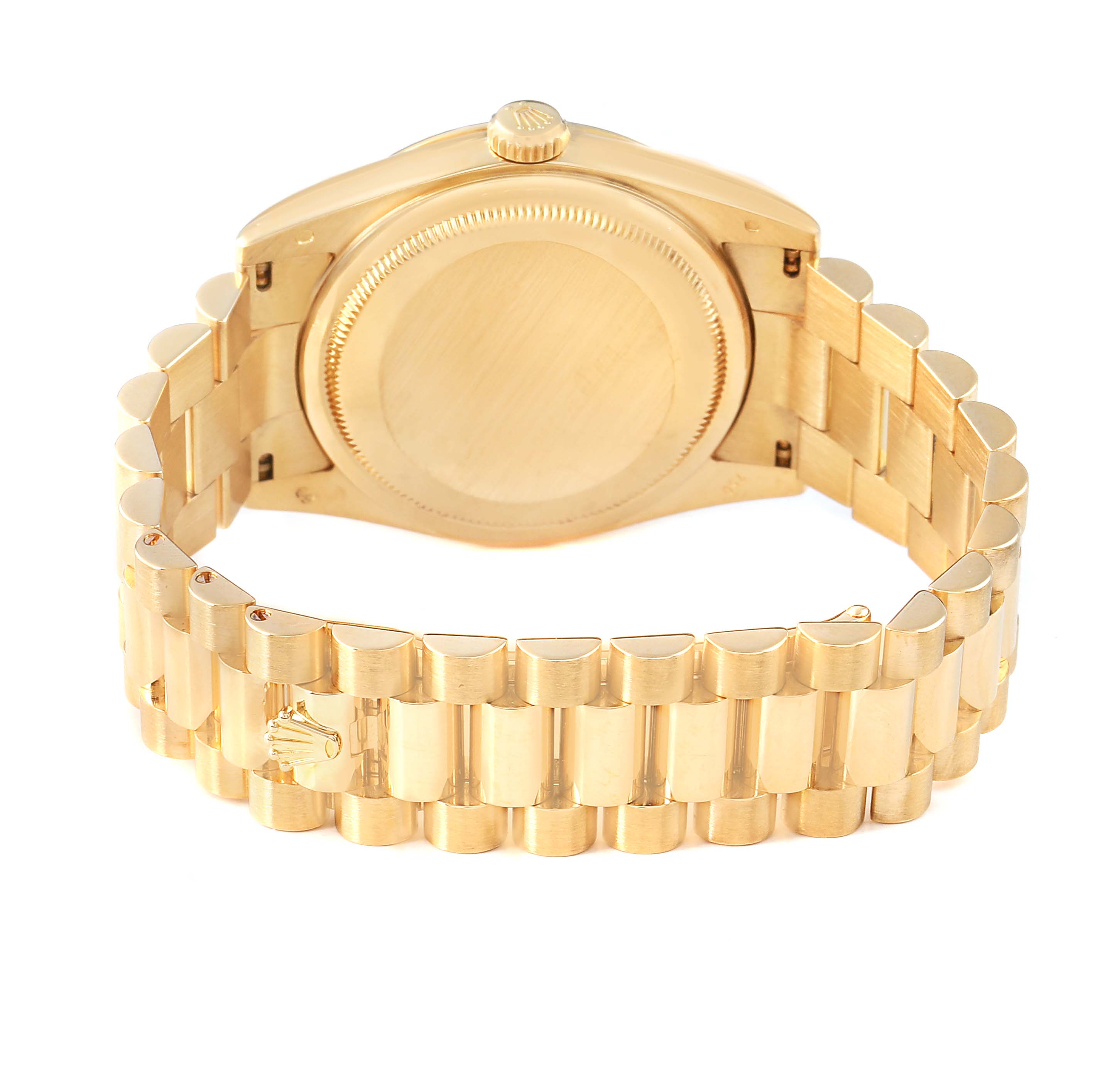 The image shows a rear view of a Rolex President 118238 Men's Yellow Gold Champagne Dial model, highlighting the watch case back and the gold bracelet.