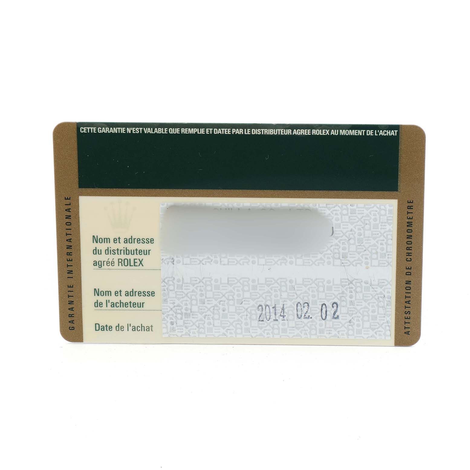 The image shows a warranty card for a Rolex President 118238 Men's Yellow Gold Champagne Dial model, displaying brand details and purchase date.