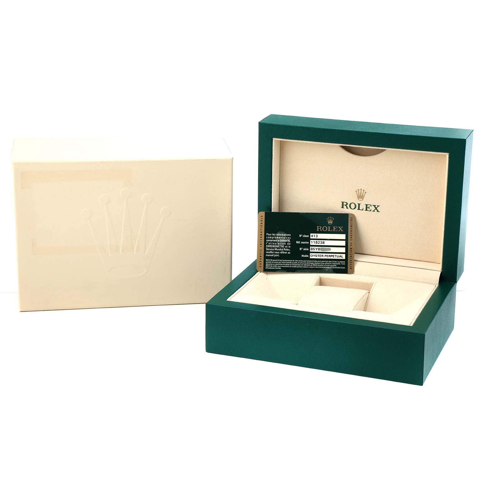 The image shows a Rolex President 118238 Men's Yellow Gold Champagne Dial model watch box, open with the interior and authenticity card visible.
