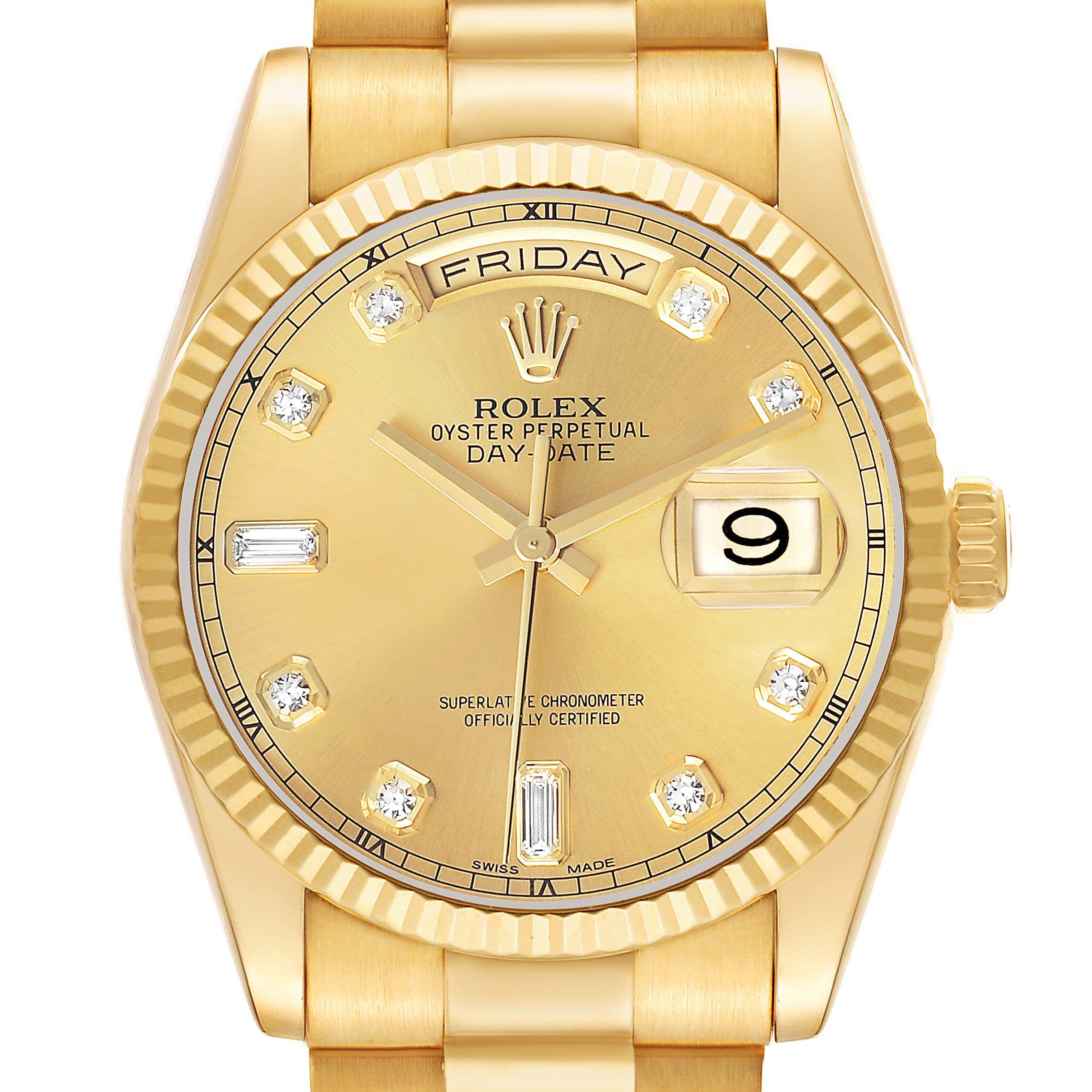 The Rolex President 118238 Men's Yellow Gold Champagne Dial model is shown from a front angle, highlighting the dial, bezel, day-date display, and part of the bracelet.