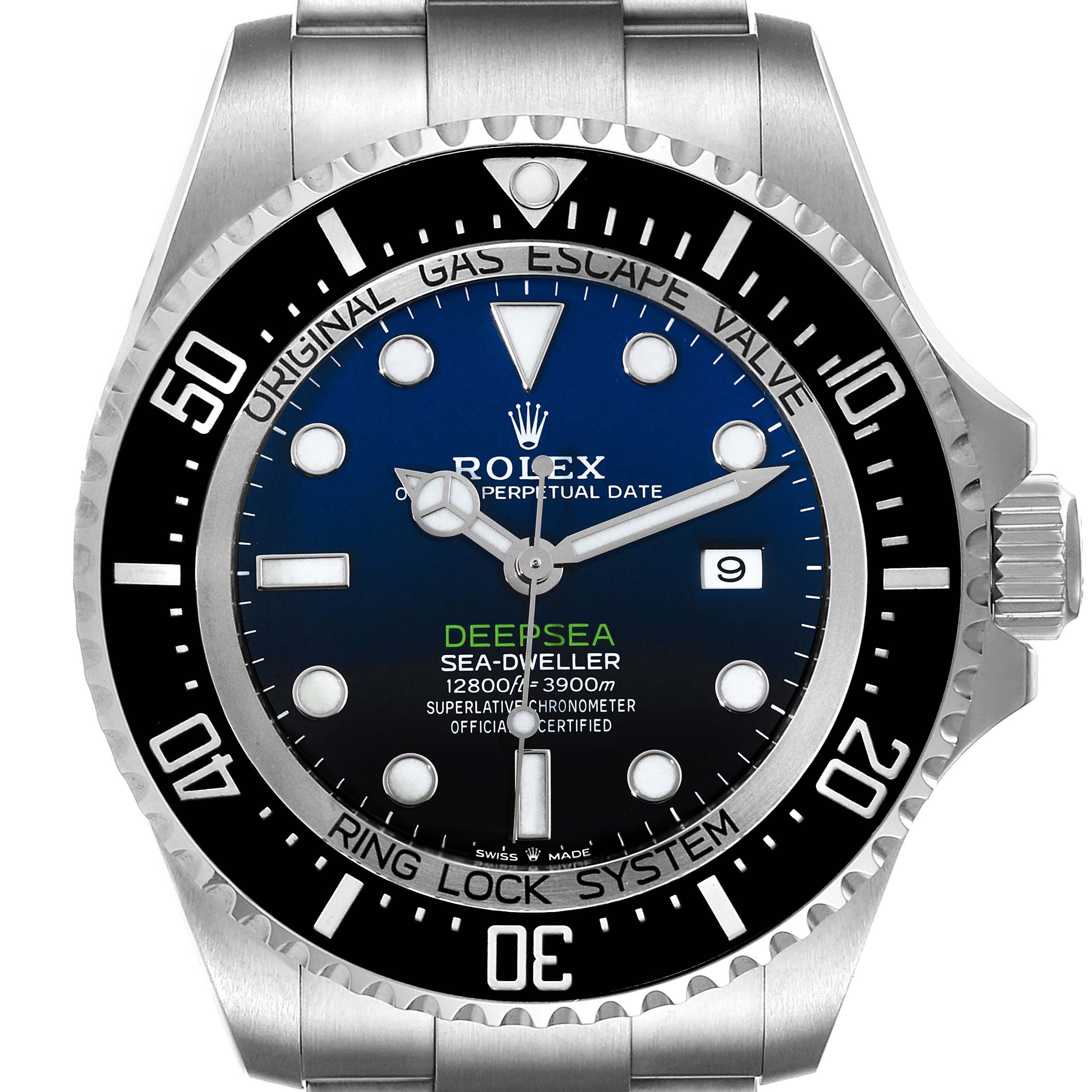 The image shows a frontal view of the Rolex Sea-Dweller 126660 Men
s Stainless Steel Blue Dial 126660 Men
s Stainless Steel Blue Dial Deepsea watch, highlighting its dial, bezel, and crown.