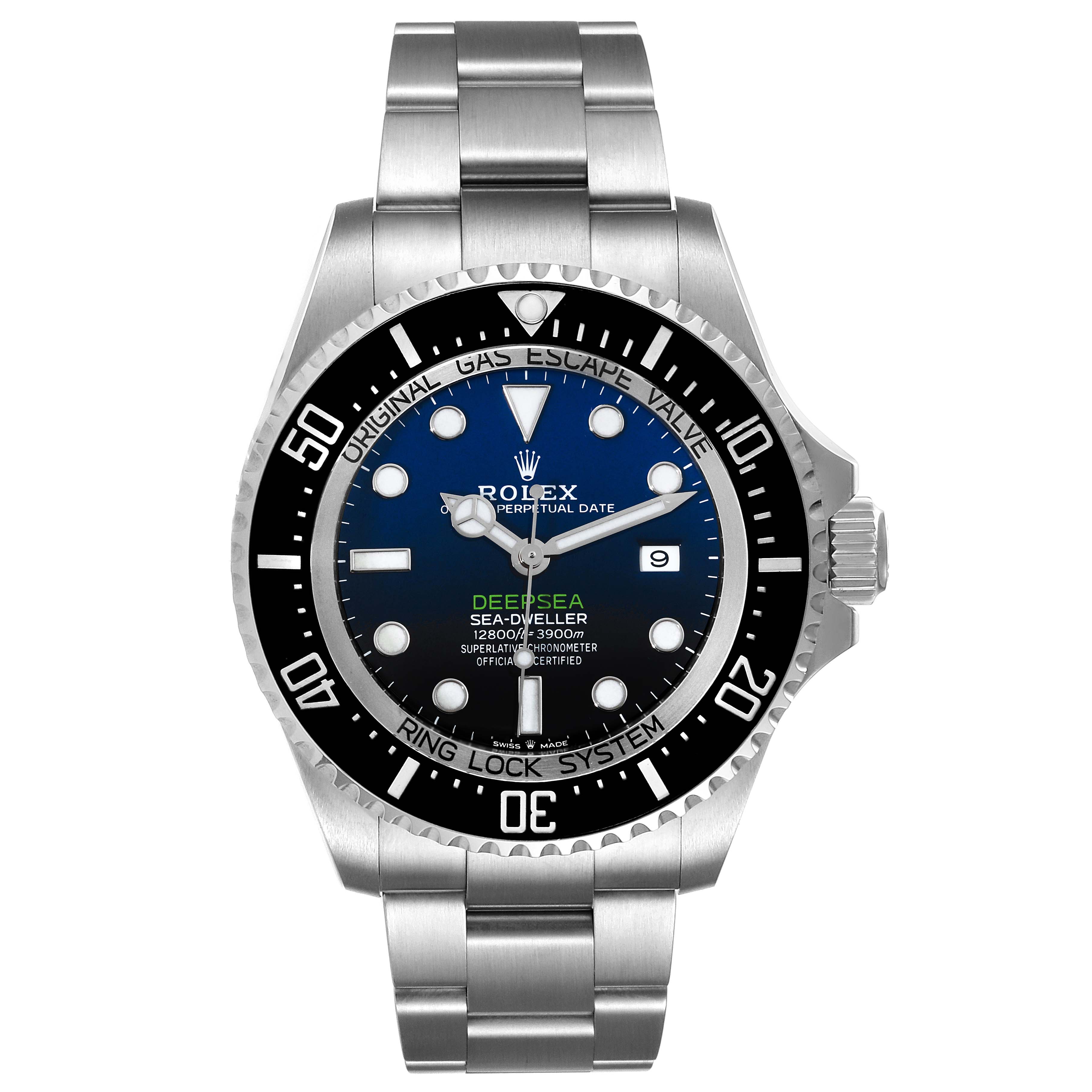 The image shows a front view of the Rolex Sea-Dweller 126660 Men
s Stainless Steel Blue Dial 126660 Men
s Stainless Steel Blue Dial watch, highlighting its dial, bezel, and bracelet.