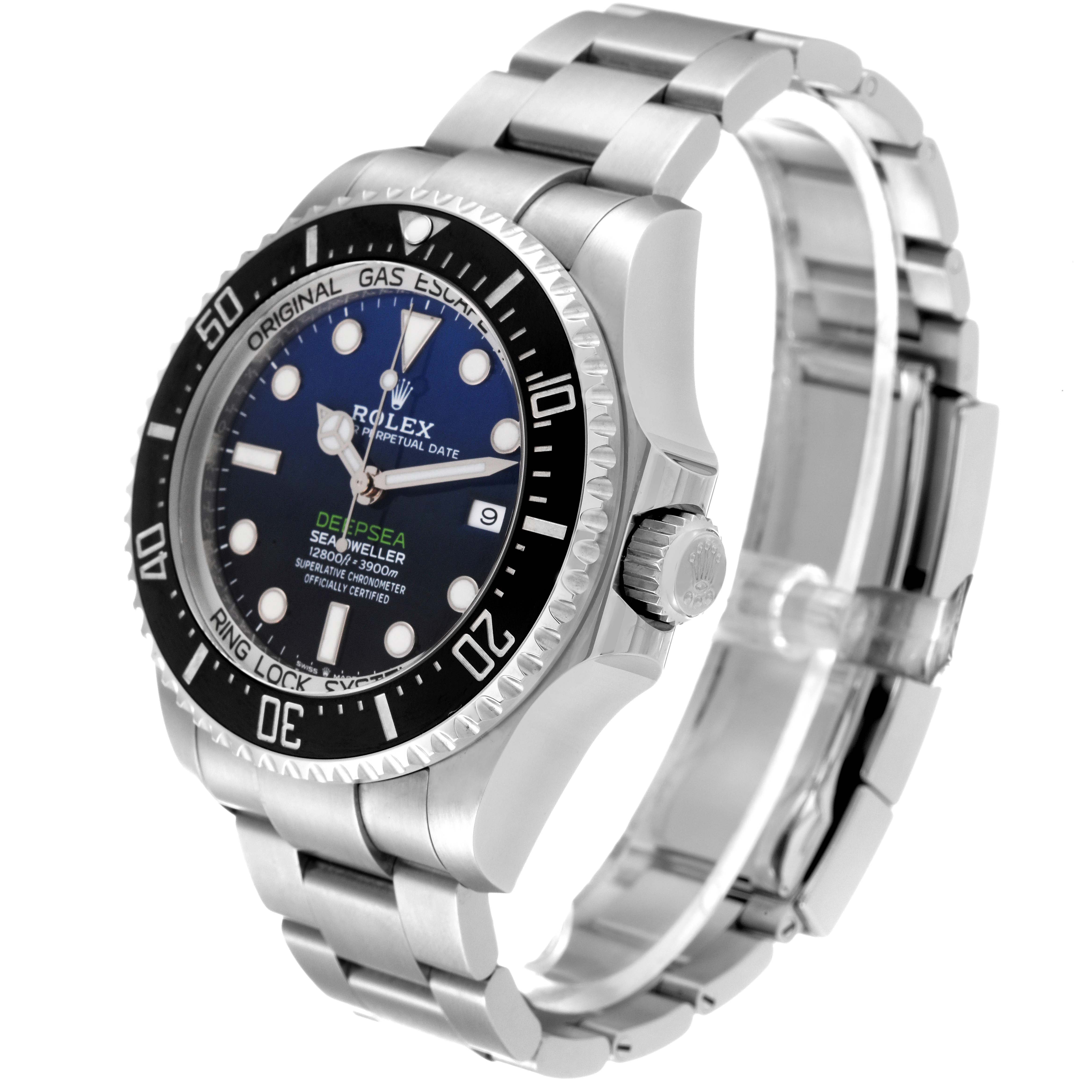 The image shows a side angle of the Rolex Sea-Dweller 126660 Men
s Stainless Steel Blue Dial 126660 Men
s Stainless Steel Blue Dial watch, highlighting the face, bezel, crown, and bracelet.