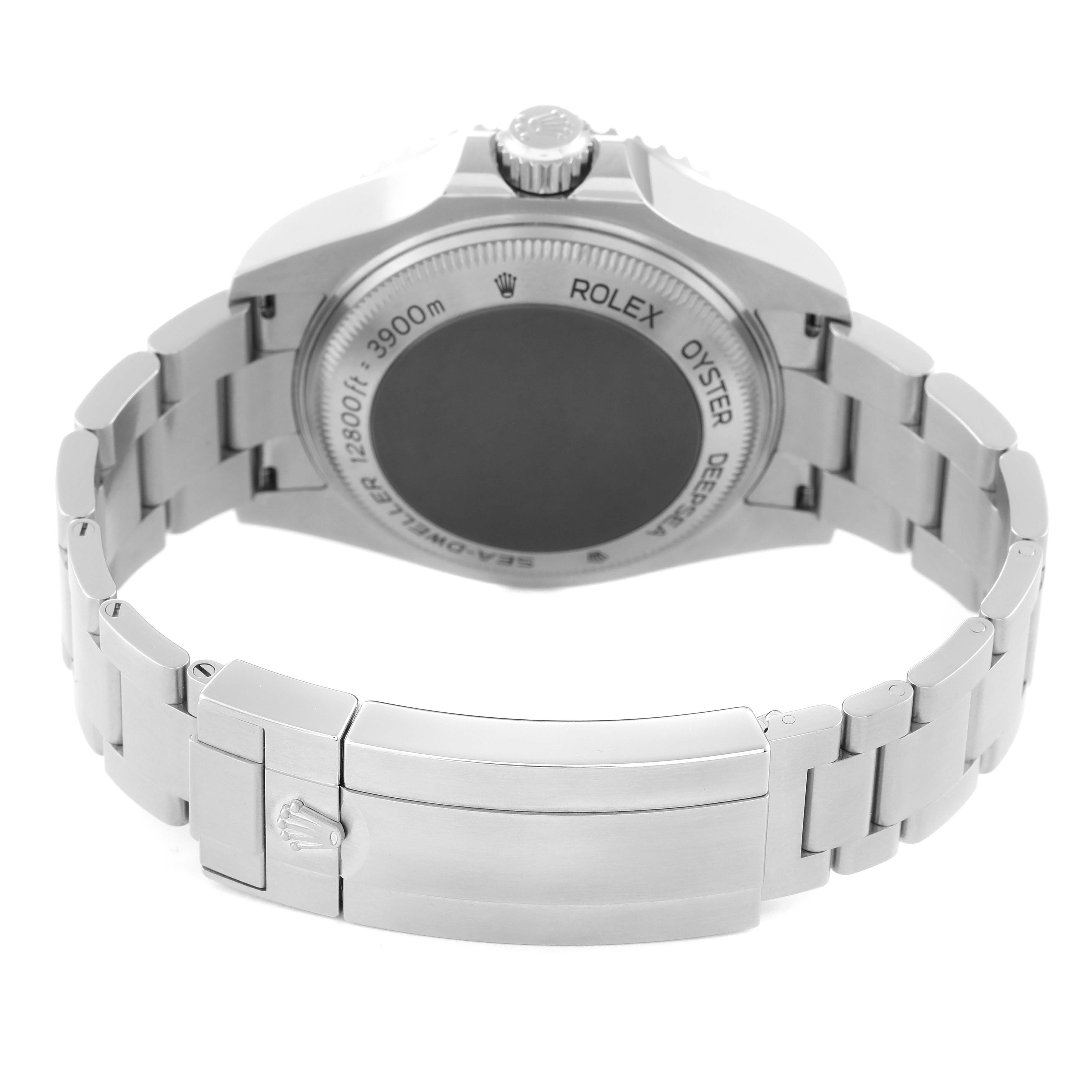 This is a rear angle view of a Rolex Sea-Dweller 126660 Men
s Stainless Steel Blue Dial 126660 Men
s Stainless Steel Blue Dial watch showing the case back, crown, and bracelet with a clasp.