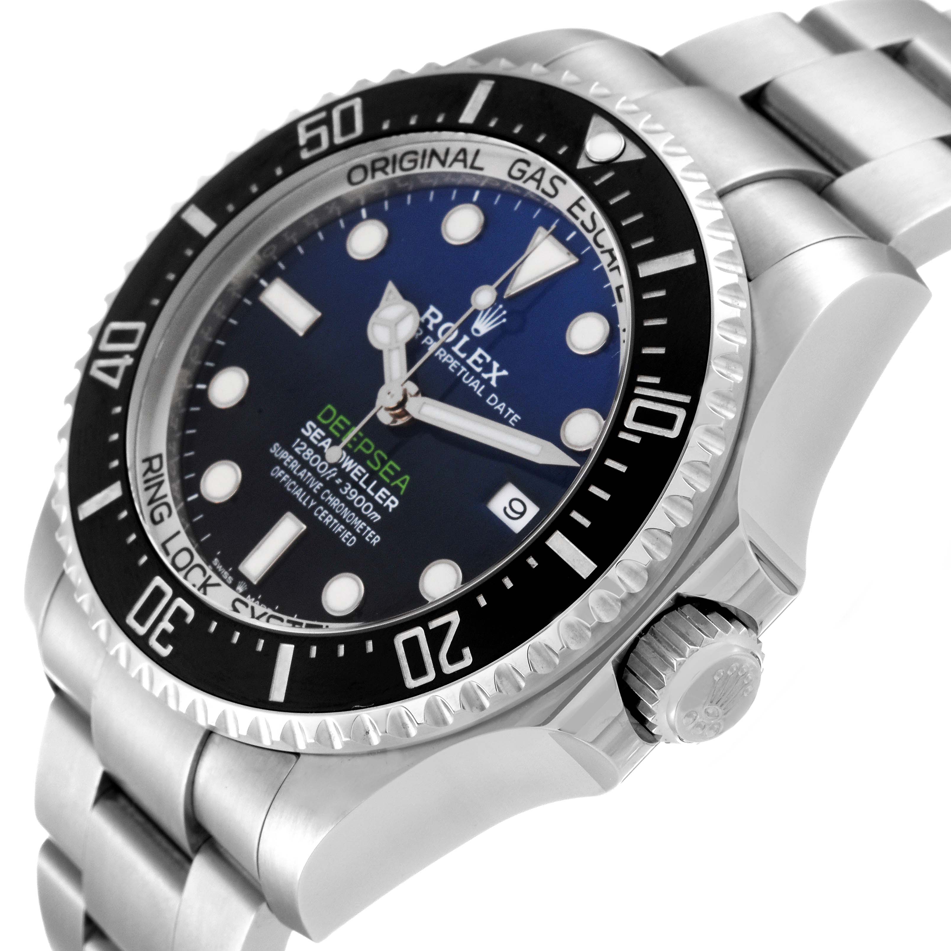 This image shows the Rolex Sea-Dweller 126660 Men
s Stainless Steel Blue Dial 126660 Men
s Stainless Steel Blue Dial watch at a three-quarter angle, highlighting its face, bezel, crown, and part of the bracelet.