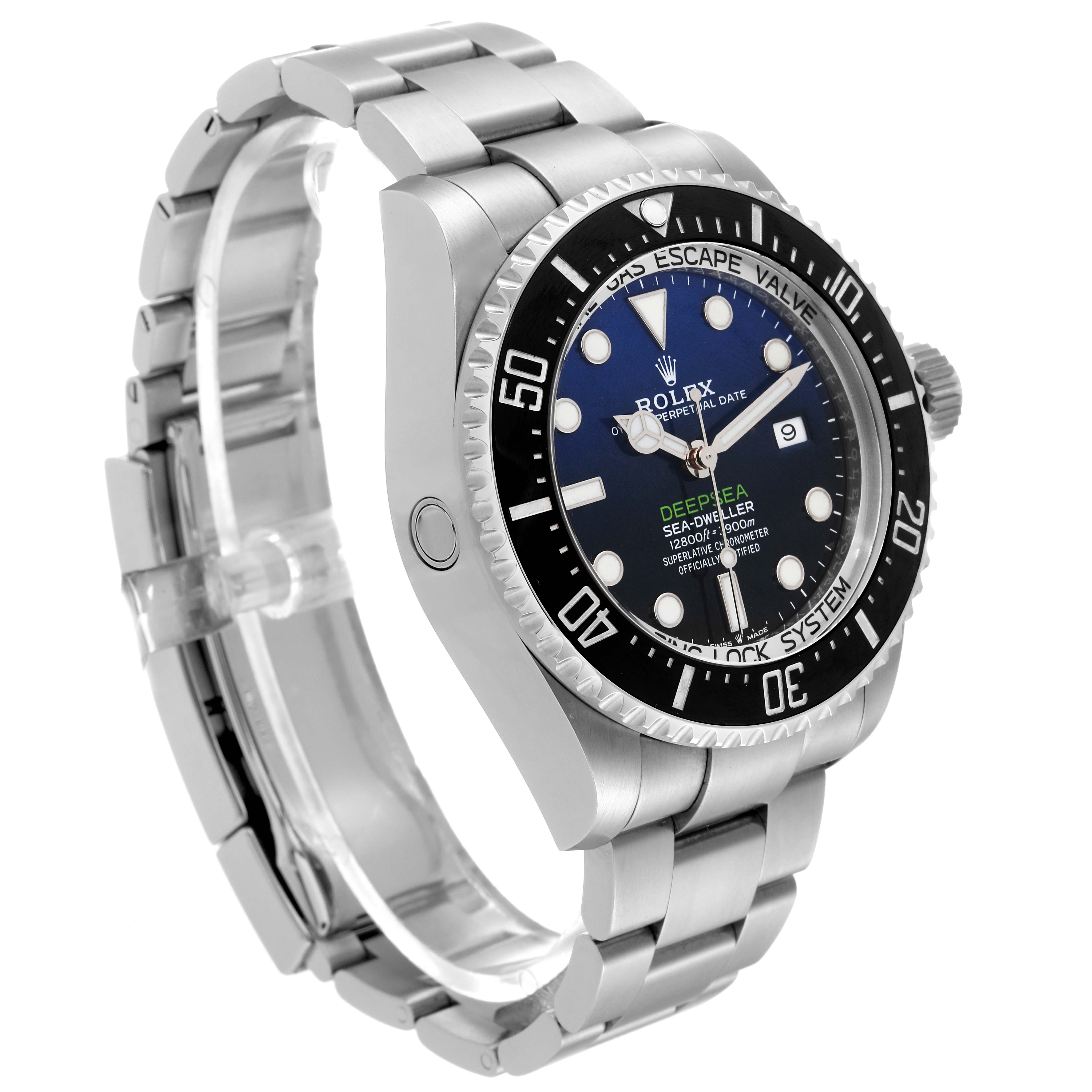 The image shows a side angle of the Rolex Sea-Dweller 126660 Men
s Stainless Steel Blue Dial 126660 Men
s Stainless Steel Blue Dial watch, highlighting the bezel, dial, case, and bracelet.