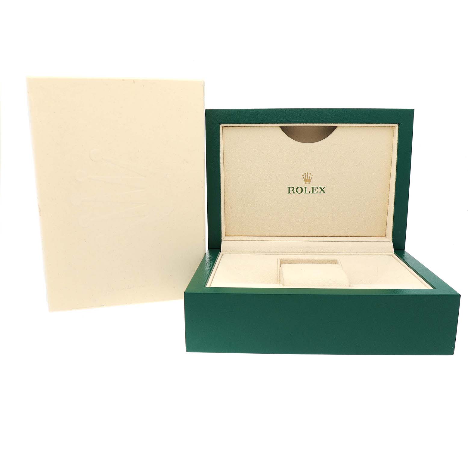 The image shows an open Rolex Sky-Dweller 326934 Men's Stainless Steel Black Dial watch box, featuring the inner cushion and logo.