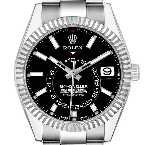 The Rolex Sky-Dweller 326934 Men's Stainless Steel Black Dial watch is shown from the front, highlighting its black dial, fluted bezel, and bracelet.