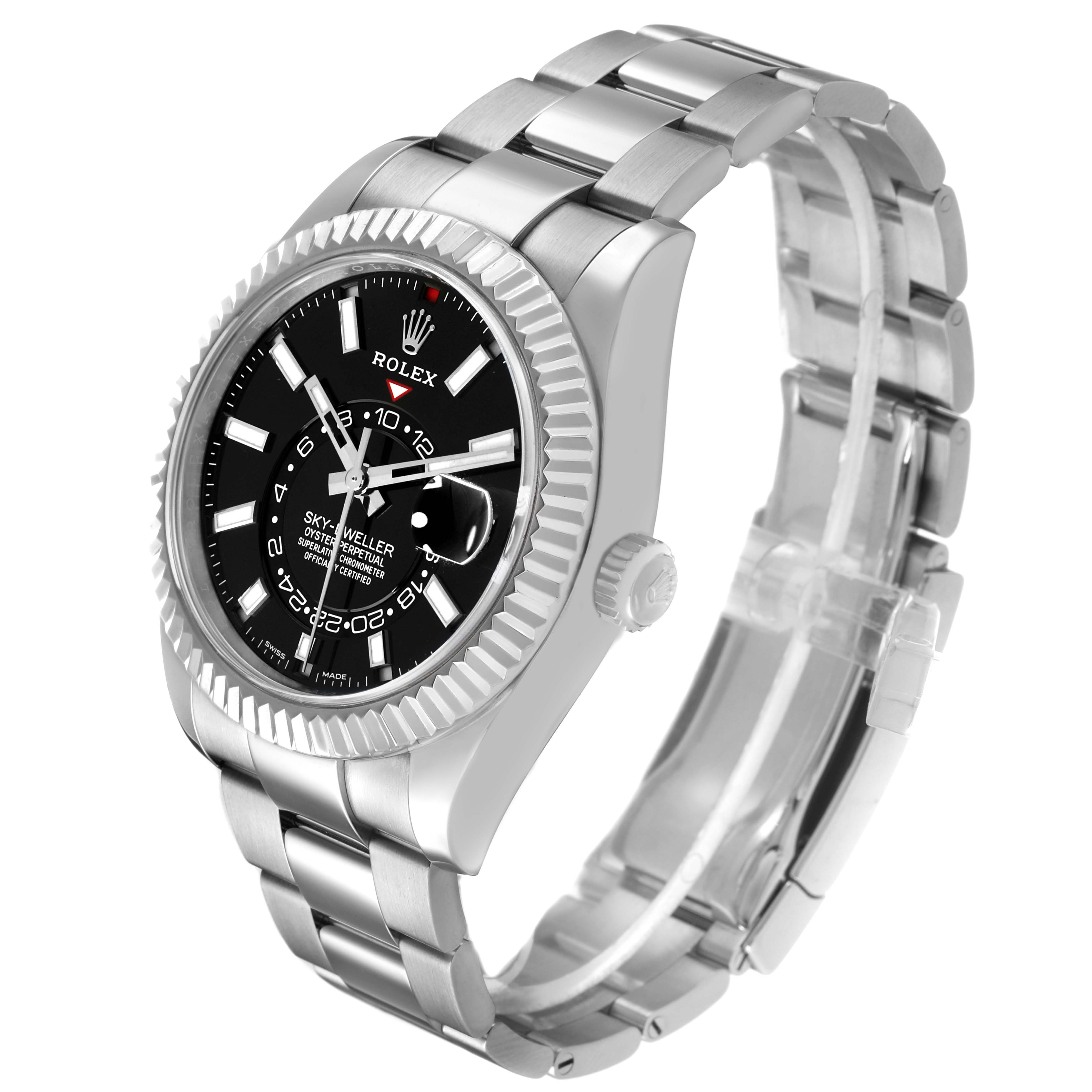 The Rolex Sky-Dweller 326934 Men's Stainless Steel Black Dial watch is shown at an angled side view, highlighting the bezel, dial, crown, and metal bracelet.