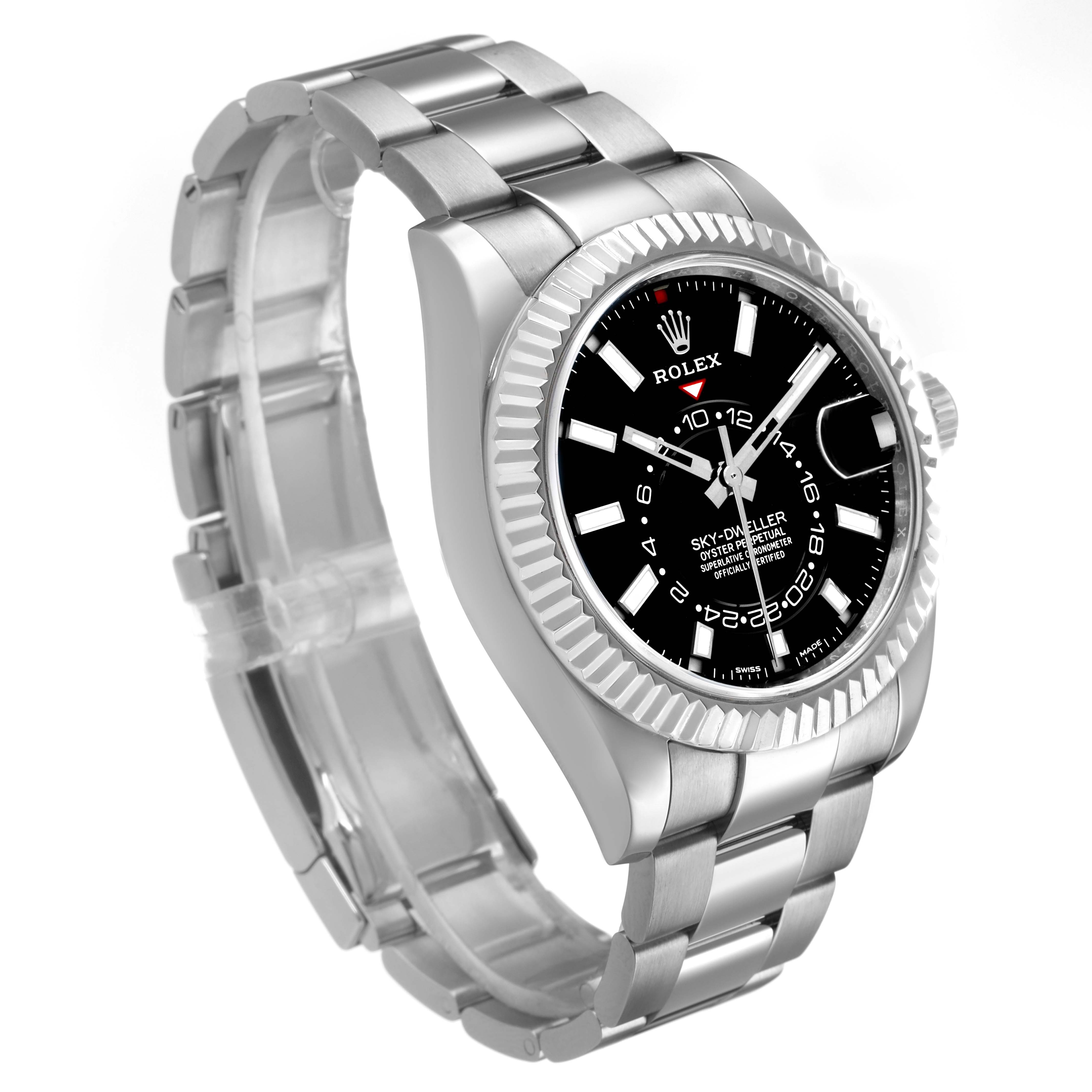 The Rolex Sky-Dweller 326934 Men's Stainless Steel Black Dial watch is shown at a three-quarter angle, highlighting the dial, bezel, case, and bracelet.