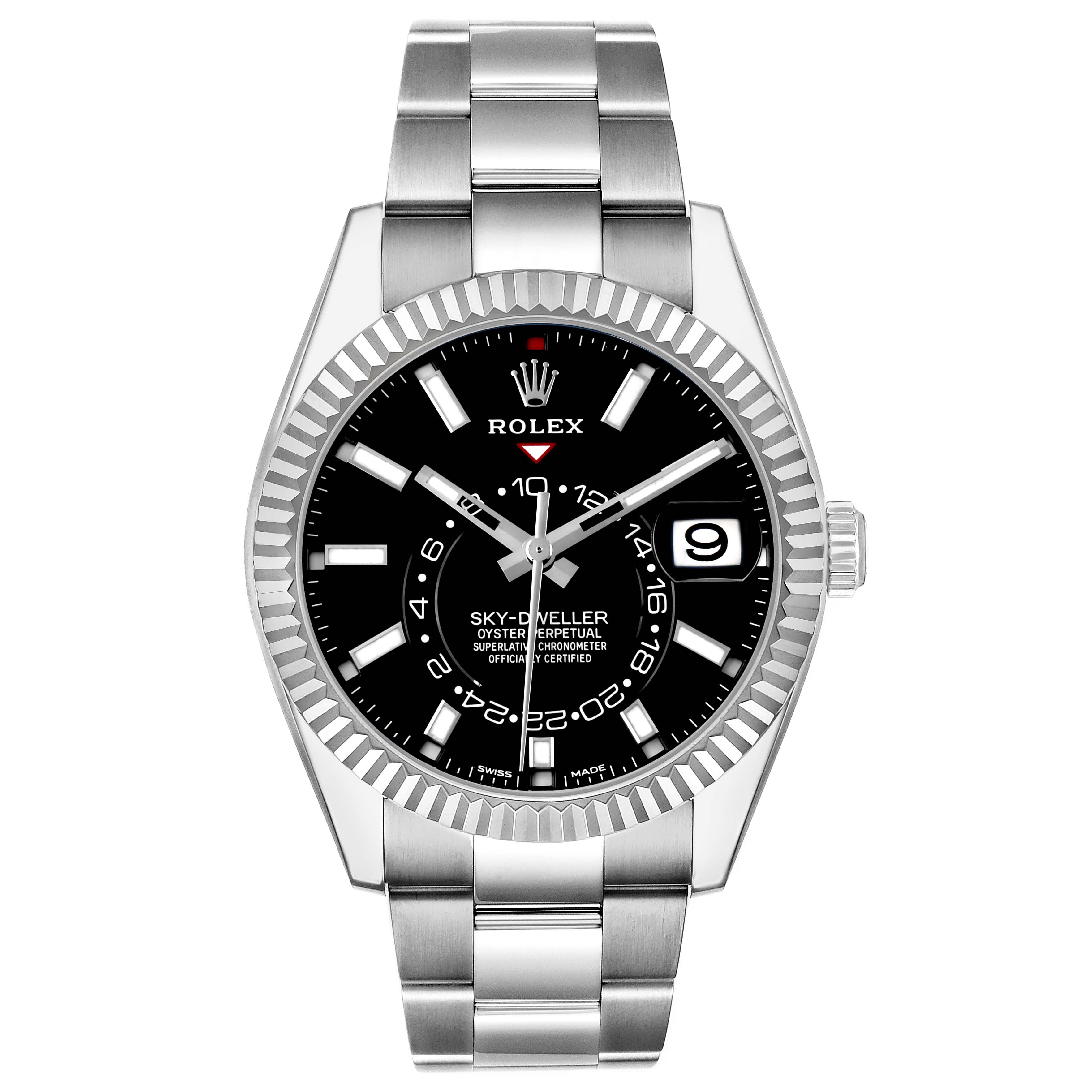 The Rolex Sky-Dweller 326934 Men's Stainless Steel Black Dial watch is shown from the front, highlighting its black dial, distinctive hands, markers, and bracelet.