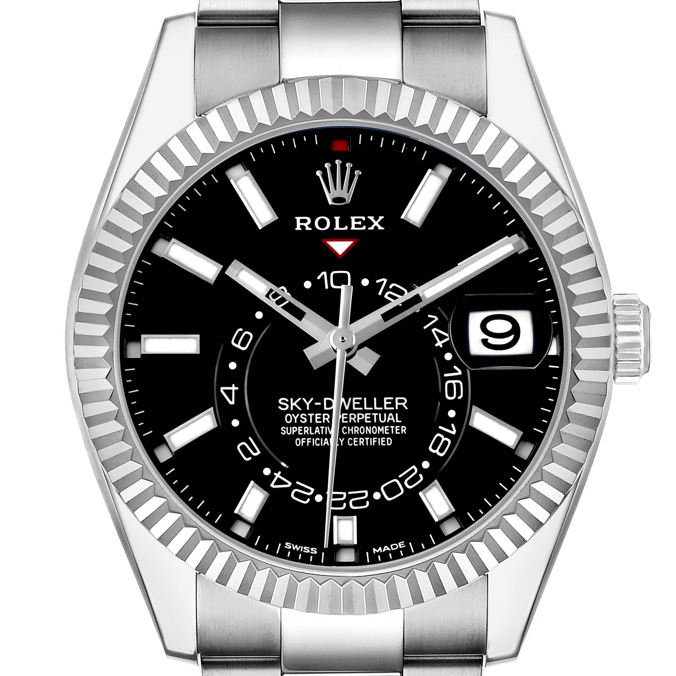 The Rolex Sky-Dweller 326934 Men's Stainless Steel Black Dial watch is shown from the front, highlighting the dial, hands, date window, and part of the bracelet.