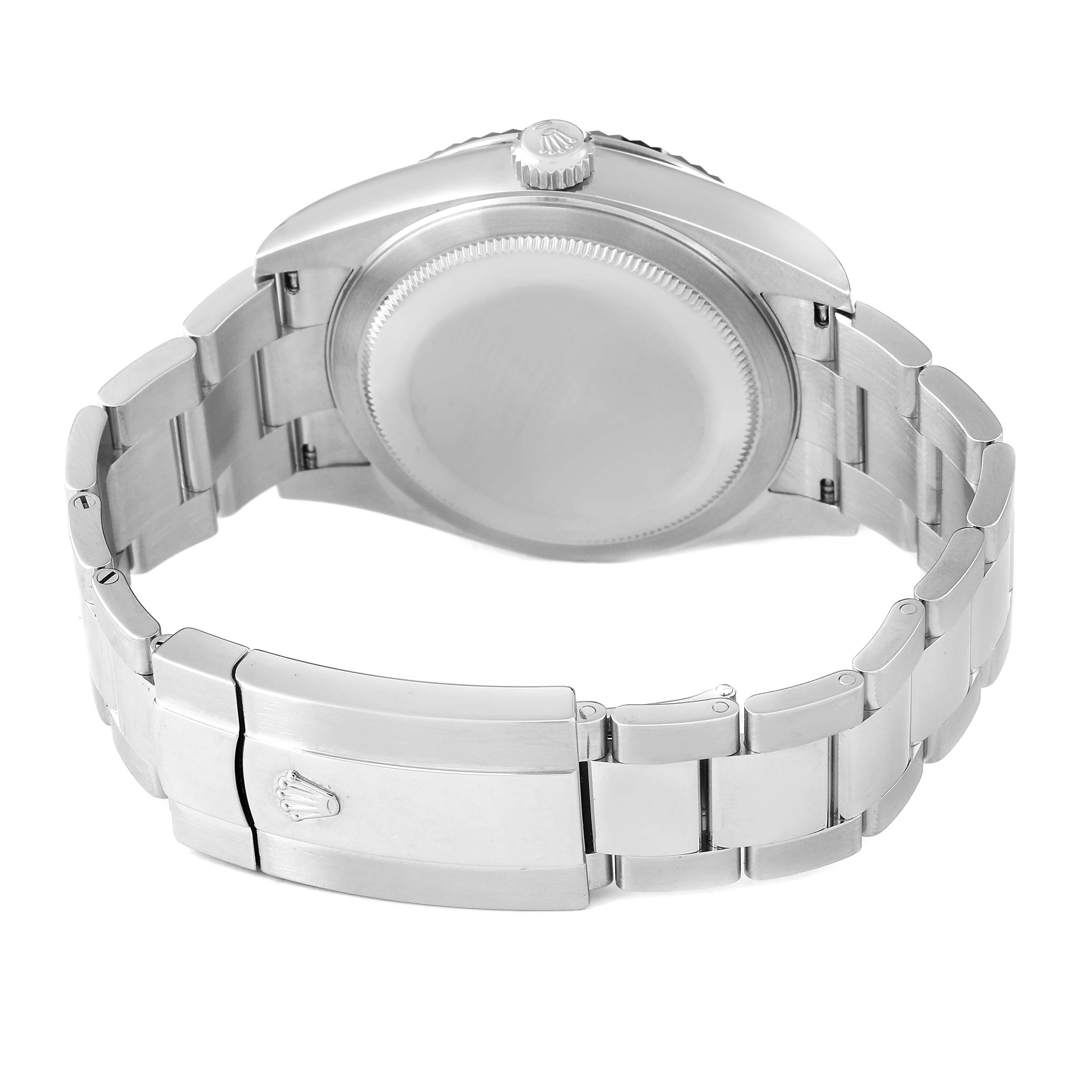 The image shows the back and bracelet of a Rolex Sky-Dweller 326934 Men's Stainless Steel Black Dial watch, focusing on the clasp and case back.