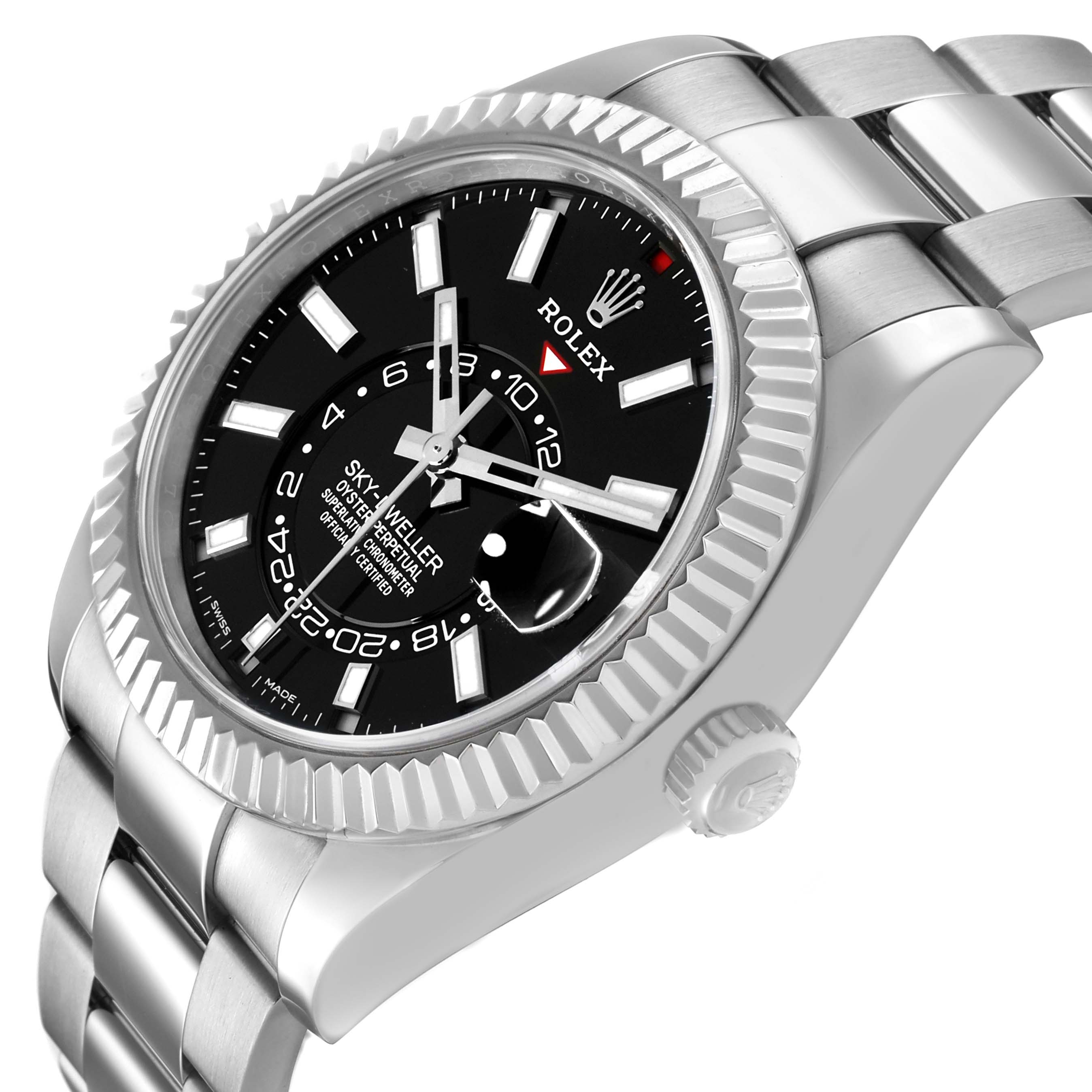 The Rolex Sky-Dweller 326934 Men's Stainless Steel Black Dial watch is shown at an angle, highlighting the bezel, dial, hour markers, hands, and part of the bracelet.