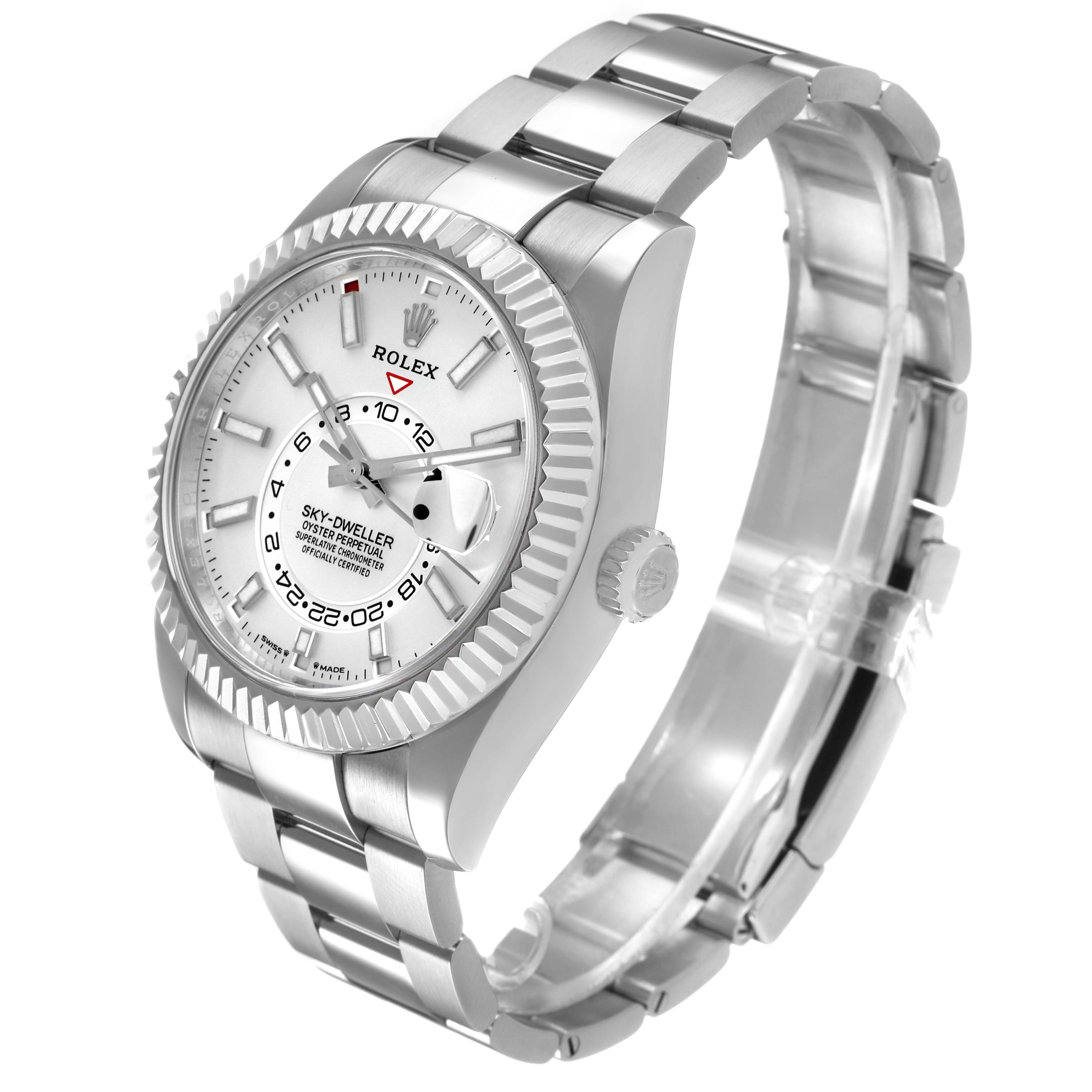 The Rolex Sky-Dweller 336934 Men's Stainless Steel White Dial watch is shown at a three-quarter angle, highlighting the face, bezel, bracelet, and crown.
