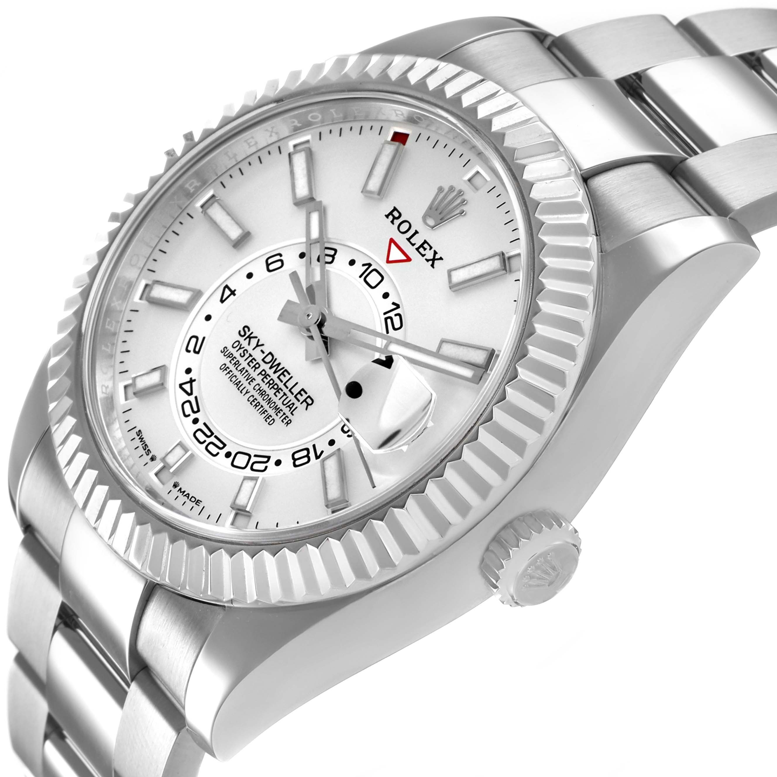 The Rolex Sky-Dweller 336934 Men's Stainless Steel White Dial is shown at an angled side view, highlighting the bezel, dial, crown, and bracelet.