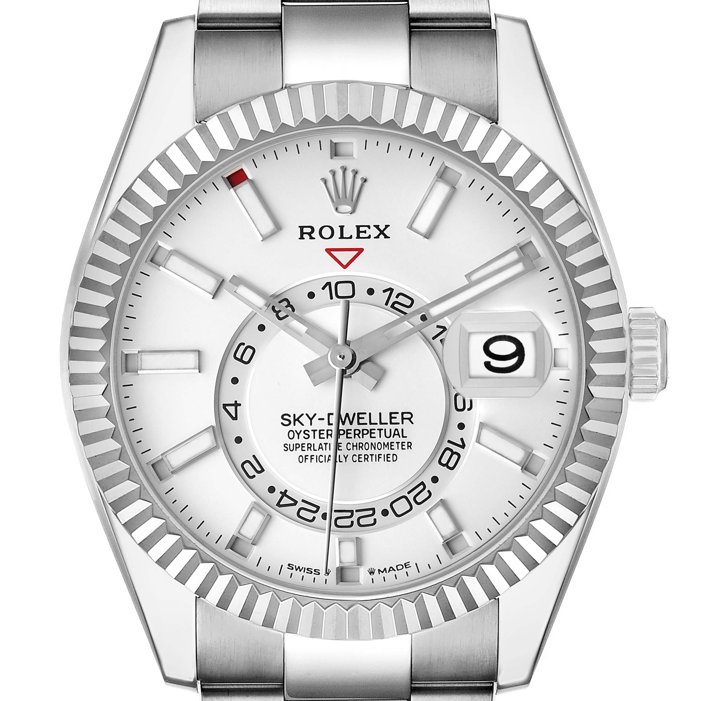The Rolex Sky-Dweller 336934 Men's Stainless Steel White Dial watch is shown from a top-down angle, highlighting its face, bezel, and part of the bracelet.