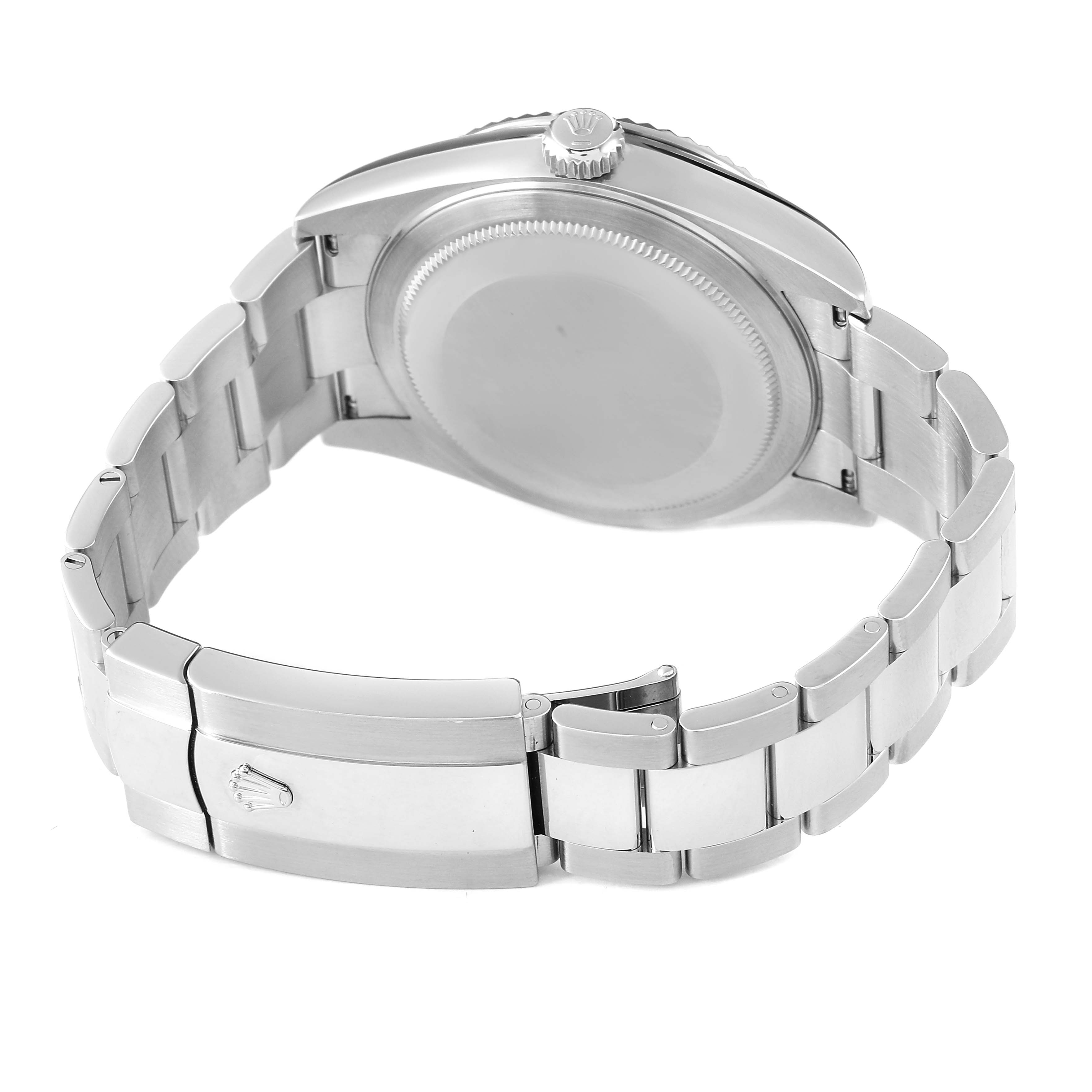 The image shows the back view of a Rolex Sky-Dweller 336934 Men's Stainless Steel White Dial, highlighting the case back, bracelet, and clasp.