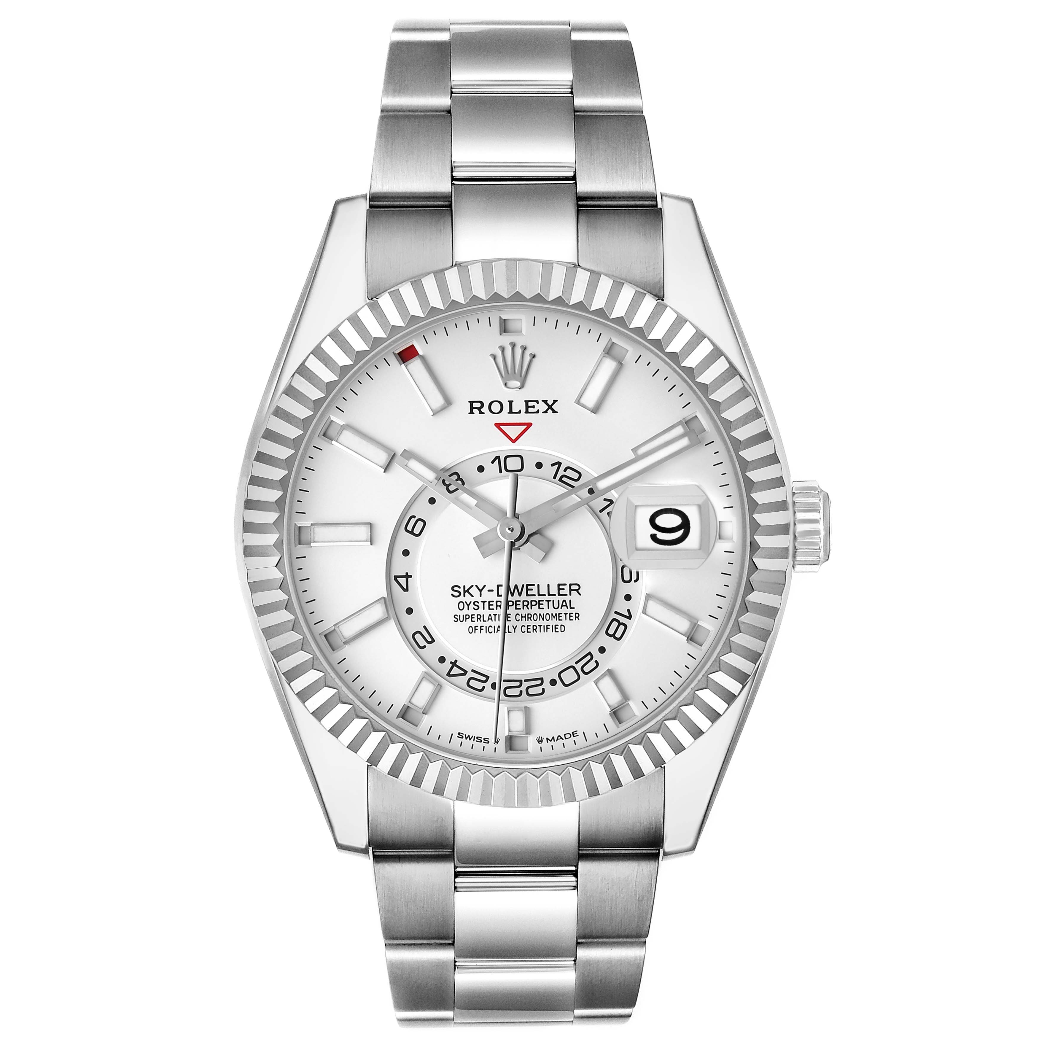 The image shows a Rolex Sky-Dweller 336934 Men's Stainless Steel White Dial watch from a front view, highlighting the dial, bezel, bracelet, and crown.